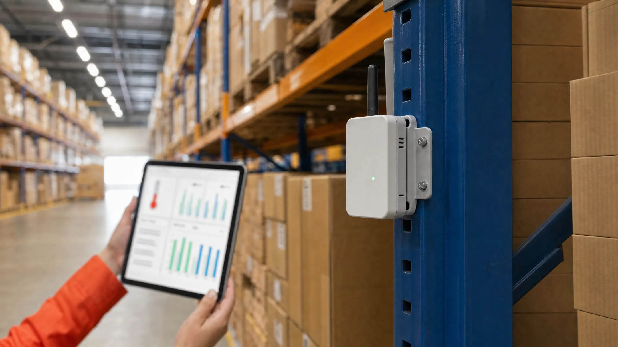 IoT sensor monitoring warehouse temperature and humidity conditions in real time