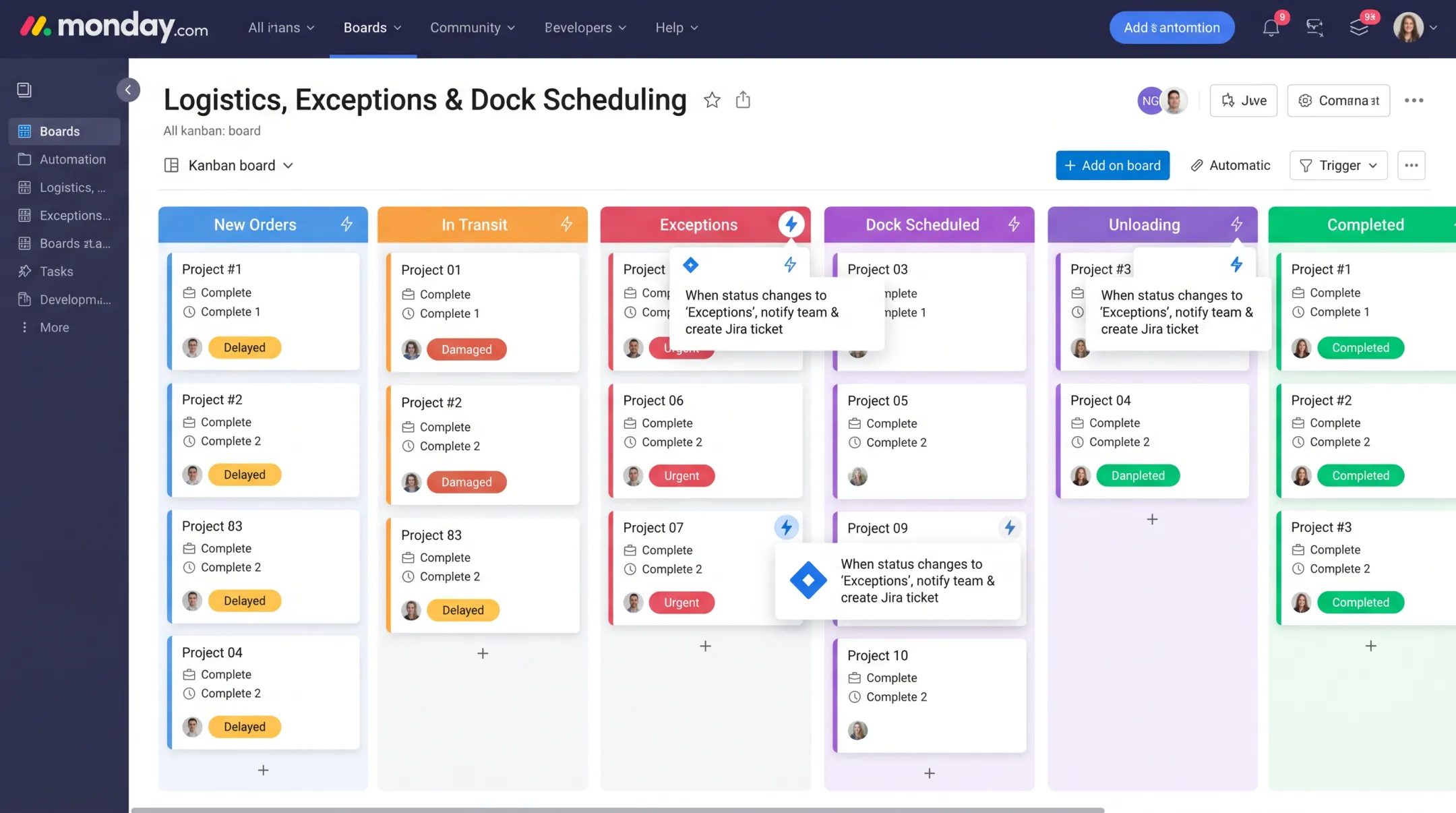 monday.com no-code dashboard for logistics workflow automation