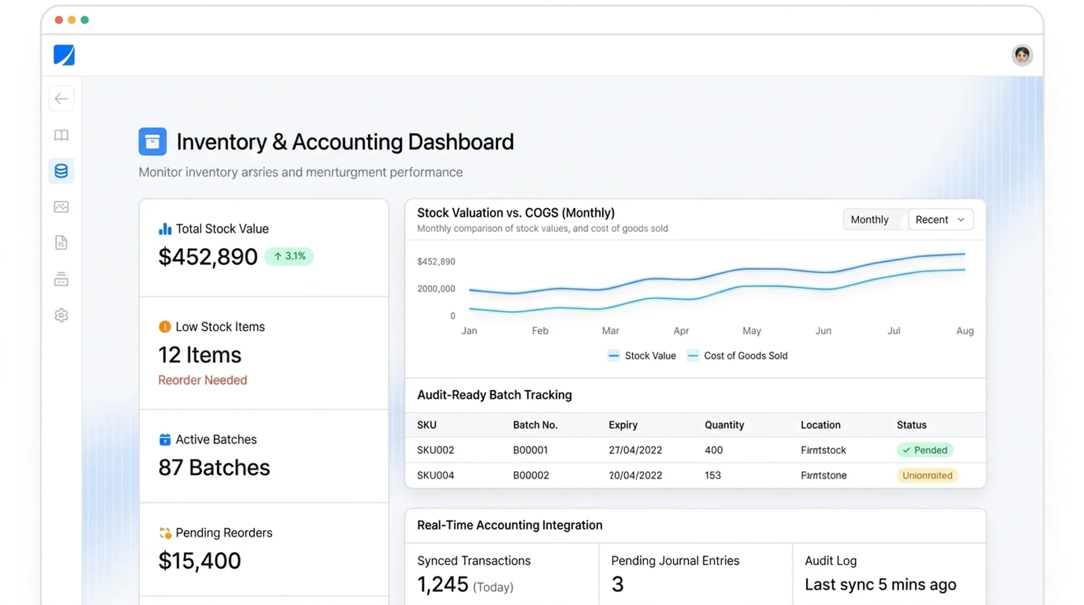 Custom inventory management software dashboard integrated with accounting platform