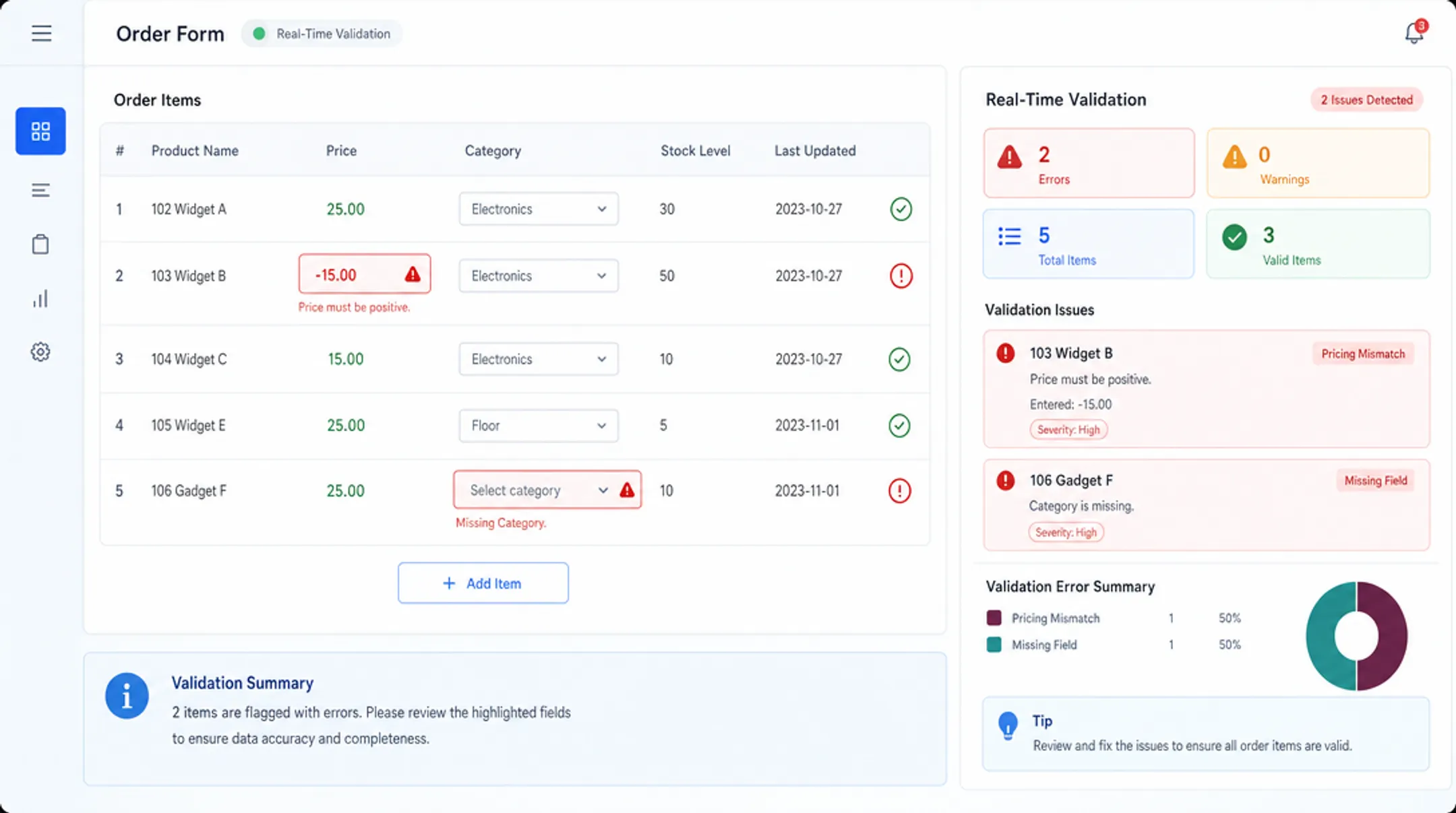 AI-powered software interface flagging order data anomalies in real time