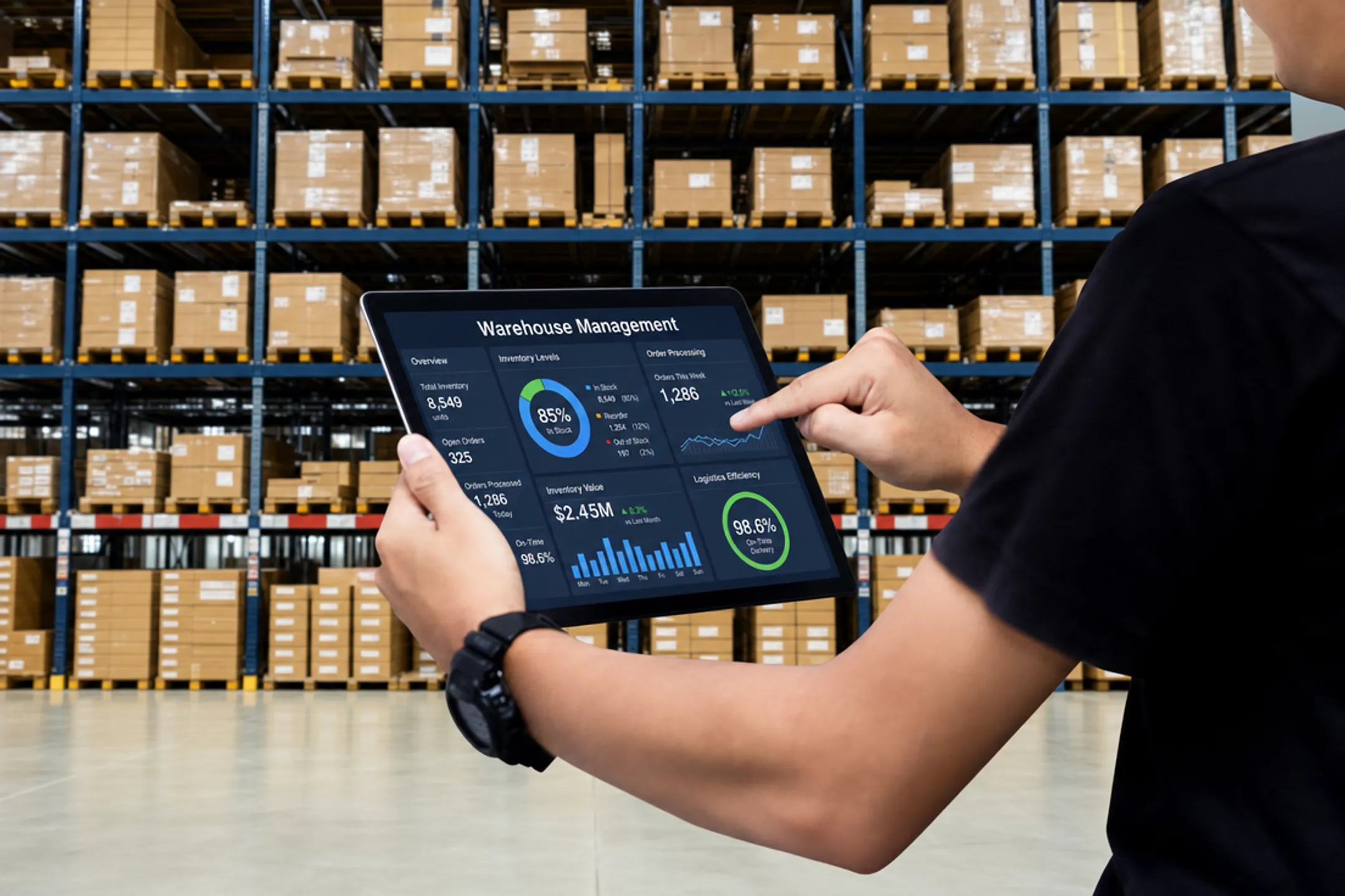 Warehouse staff reviewing automated order processing data on tablet