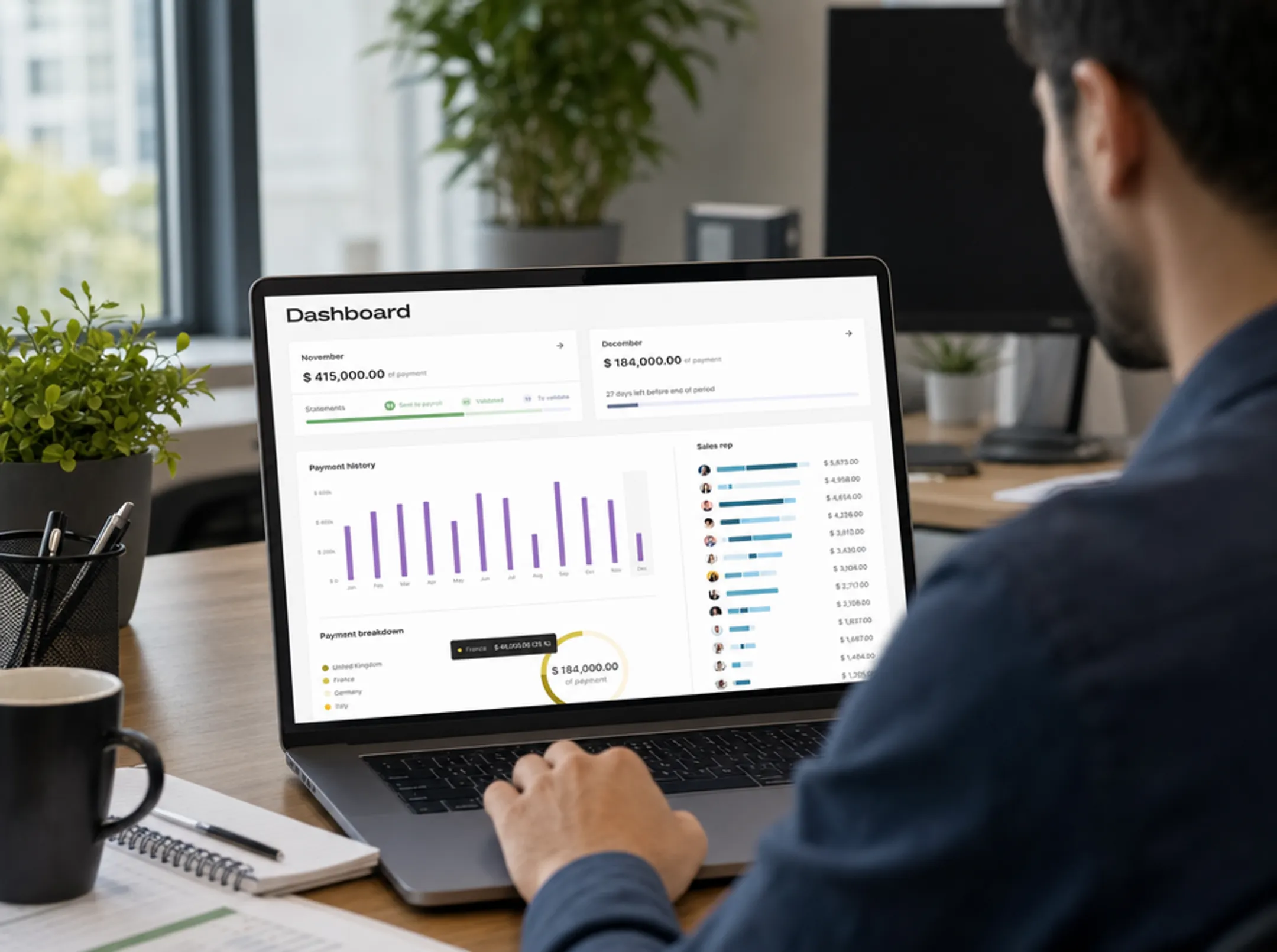 Sales team reviewing commission dashboard on laptop screen