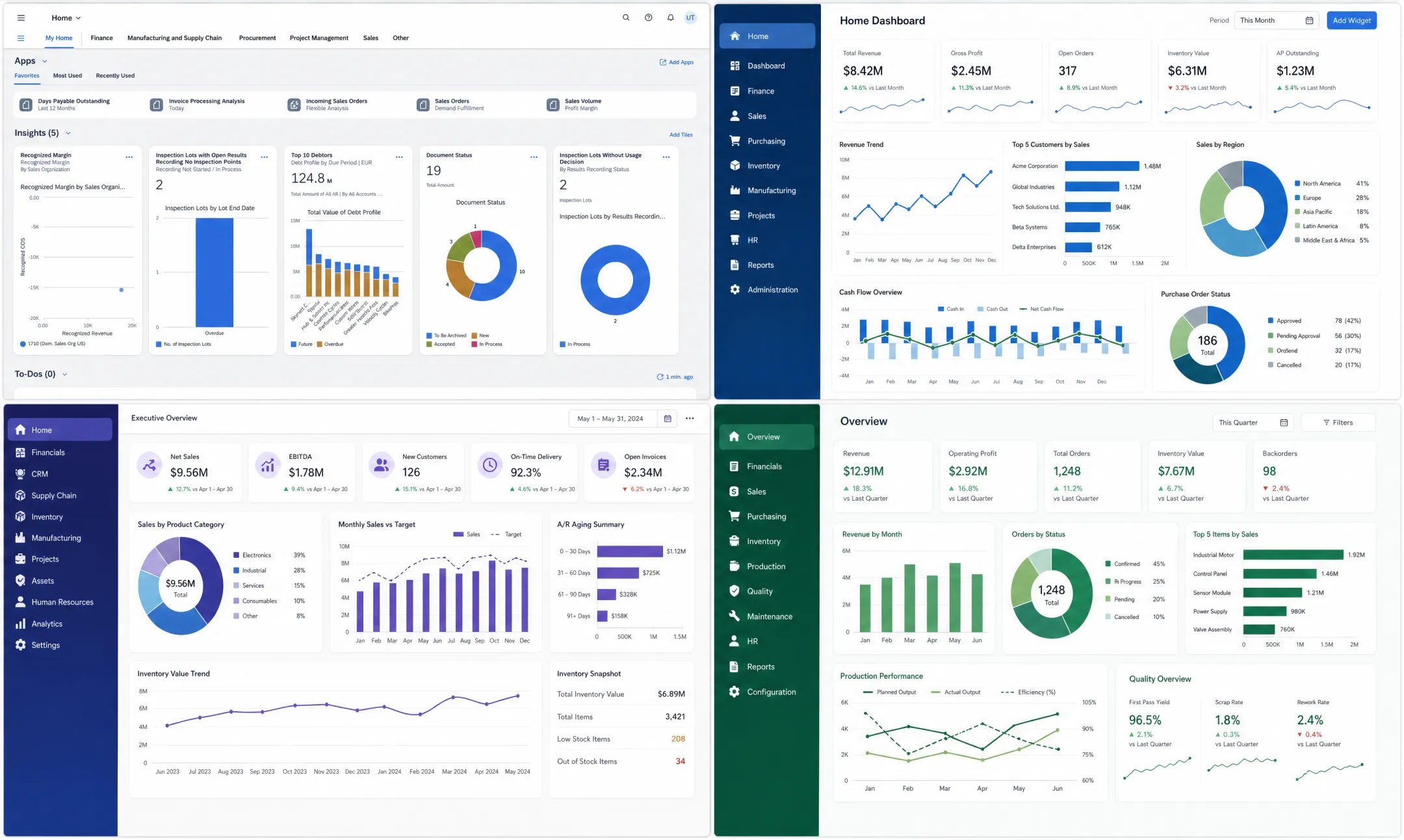 Enterprise software comparison screens showing different ERP dashboard interfaces