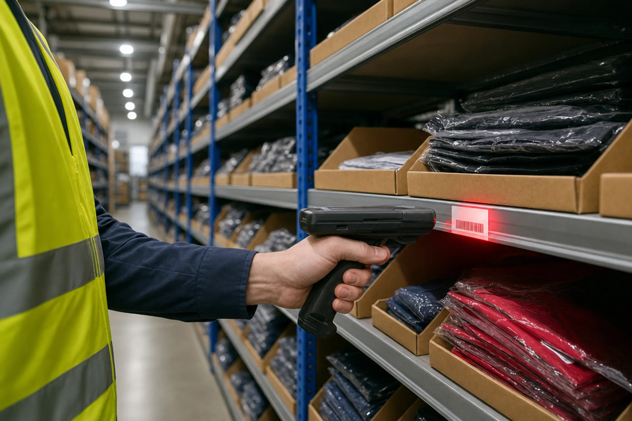 Warehouse worker using barcode scanner for inventory accuracy tracking