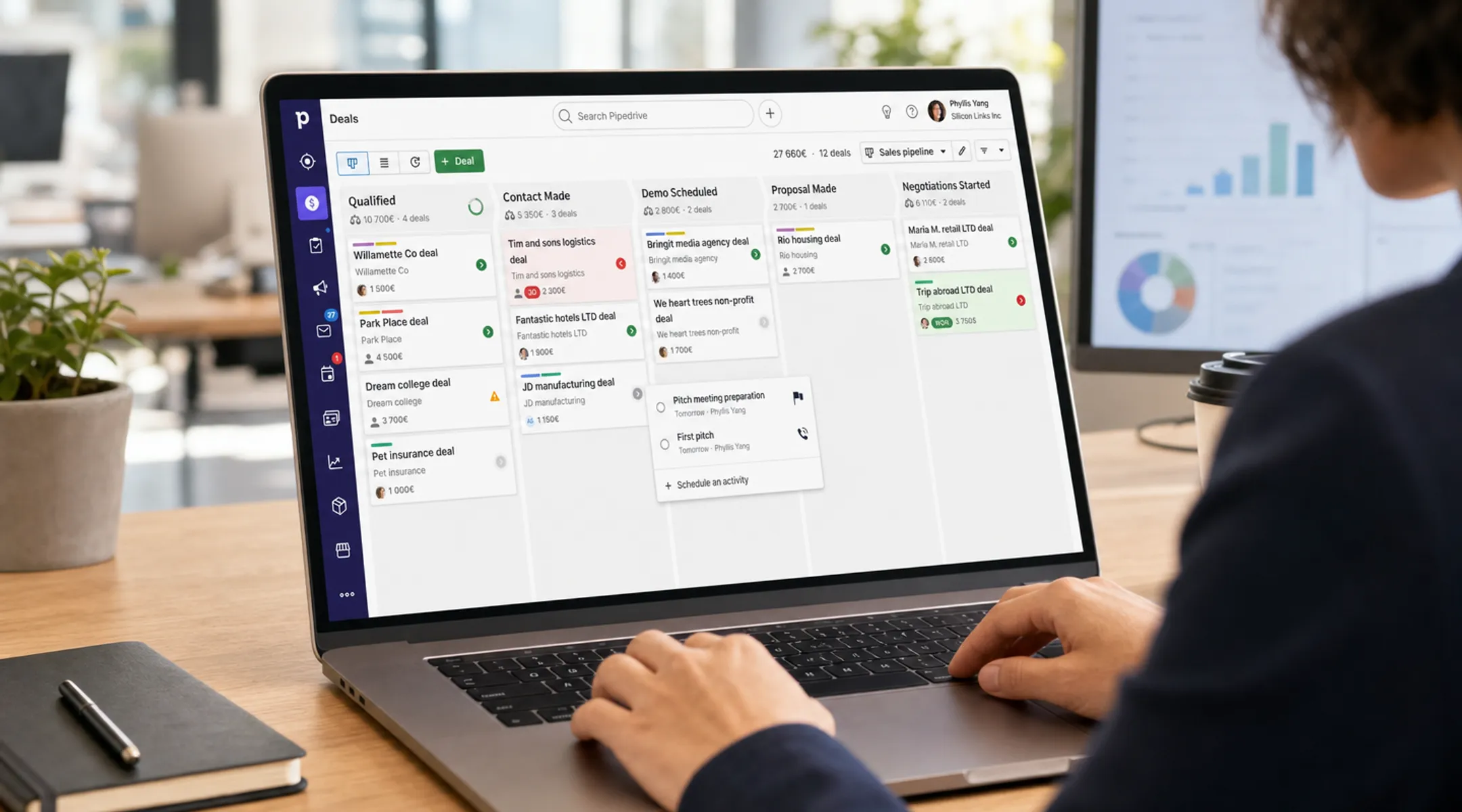 Agency team reviewing CRM sales pipeline dashboard on laptop screen