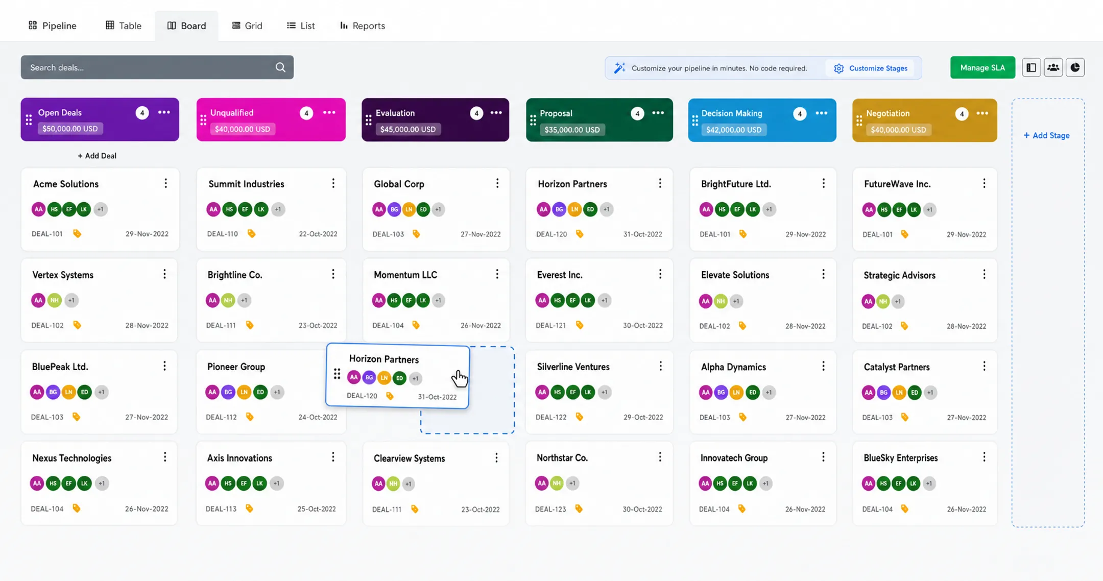 Drag-and-drop CRM pipeline builder interface on work management platform