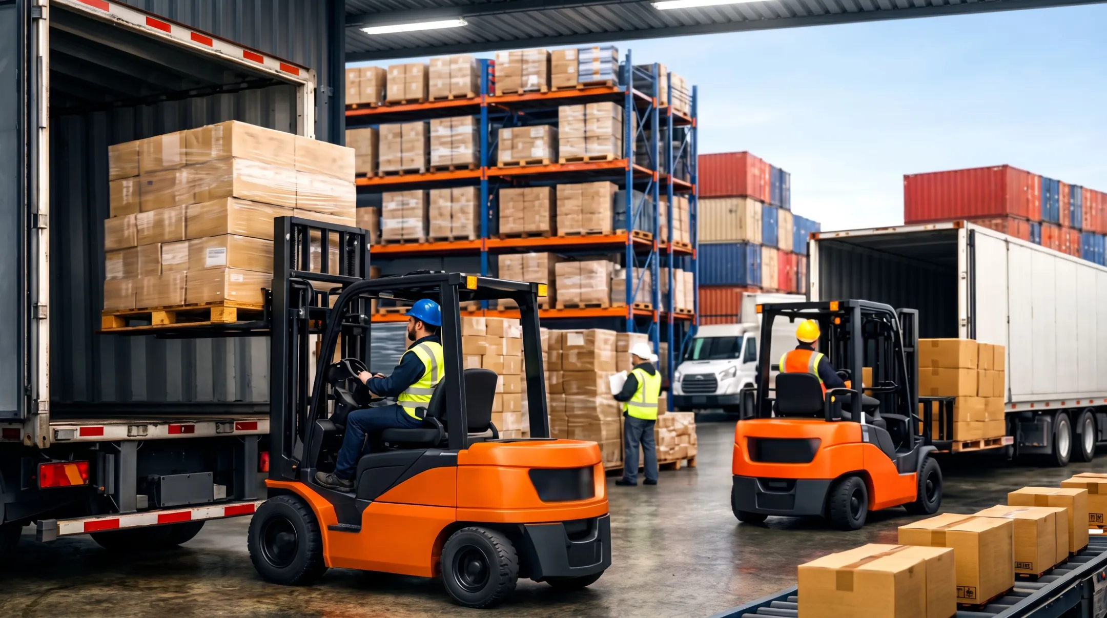 Busy warehouse dock with workers loading pallets onto trucks