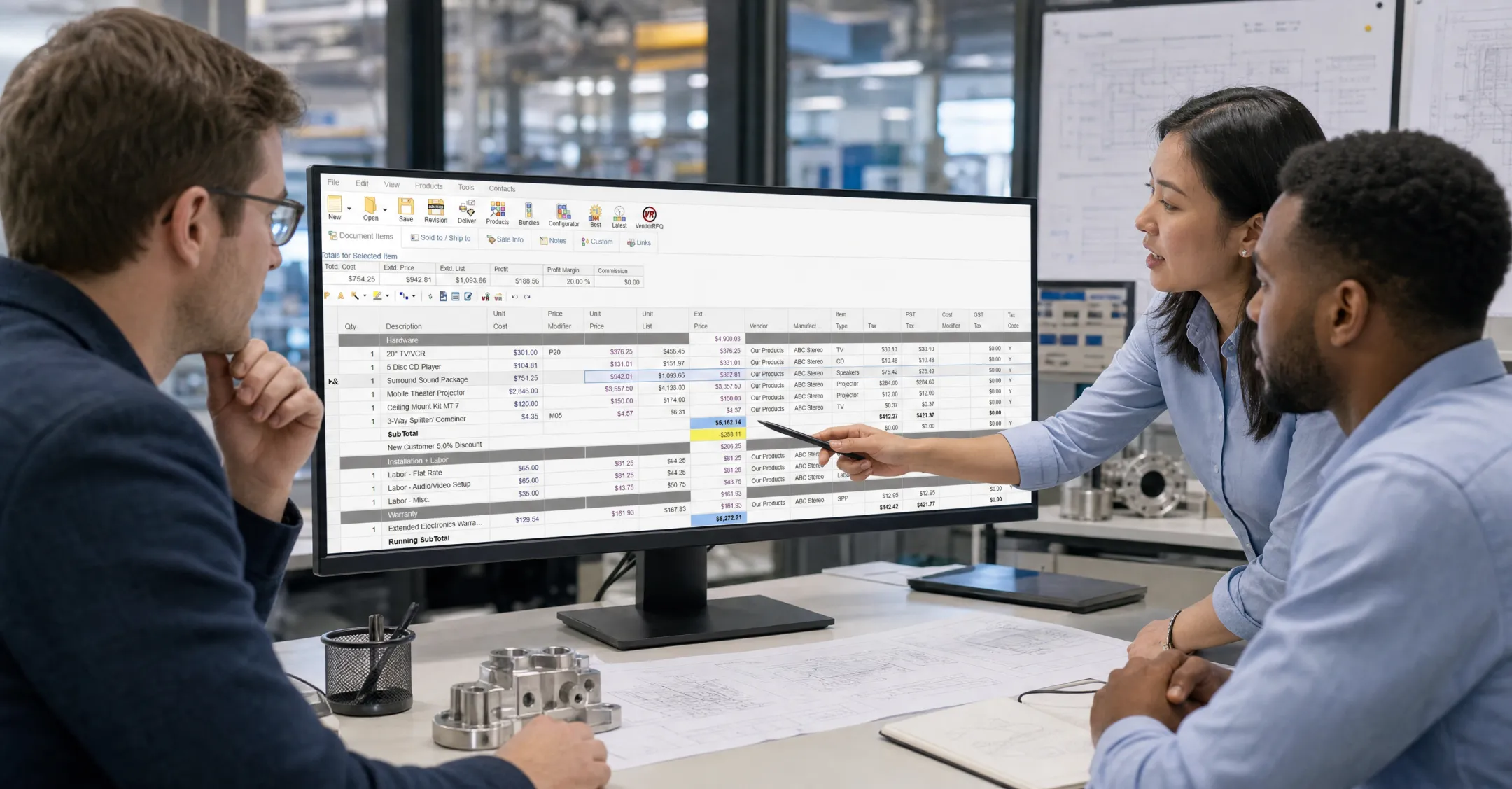 Manufacturing sales team reviewing CPQ software dashboard on computer screen