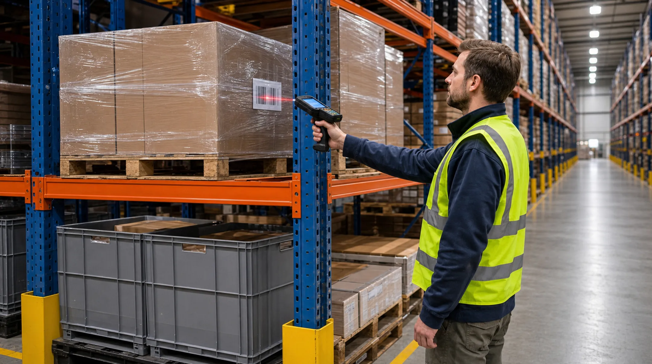 Warehouse worker scanning pallet barcode for real-time inventory tracking