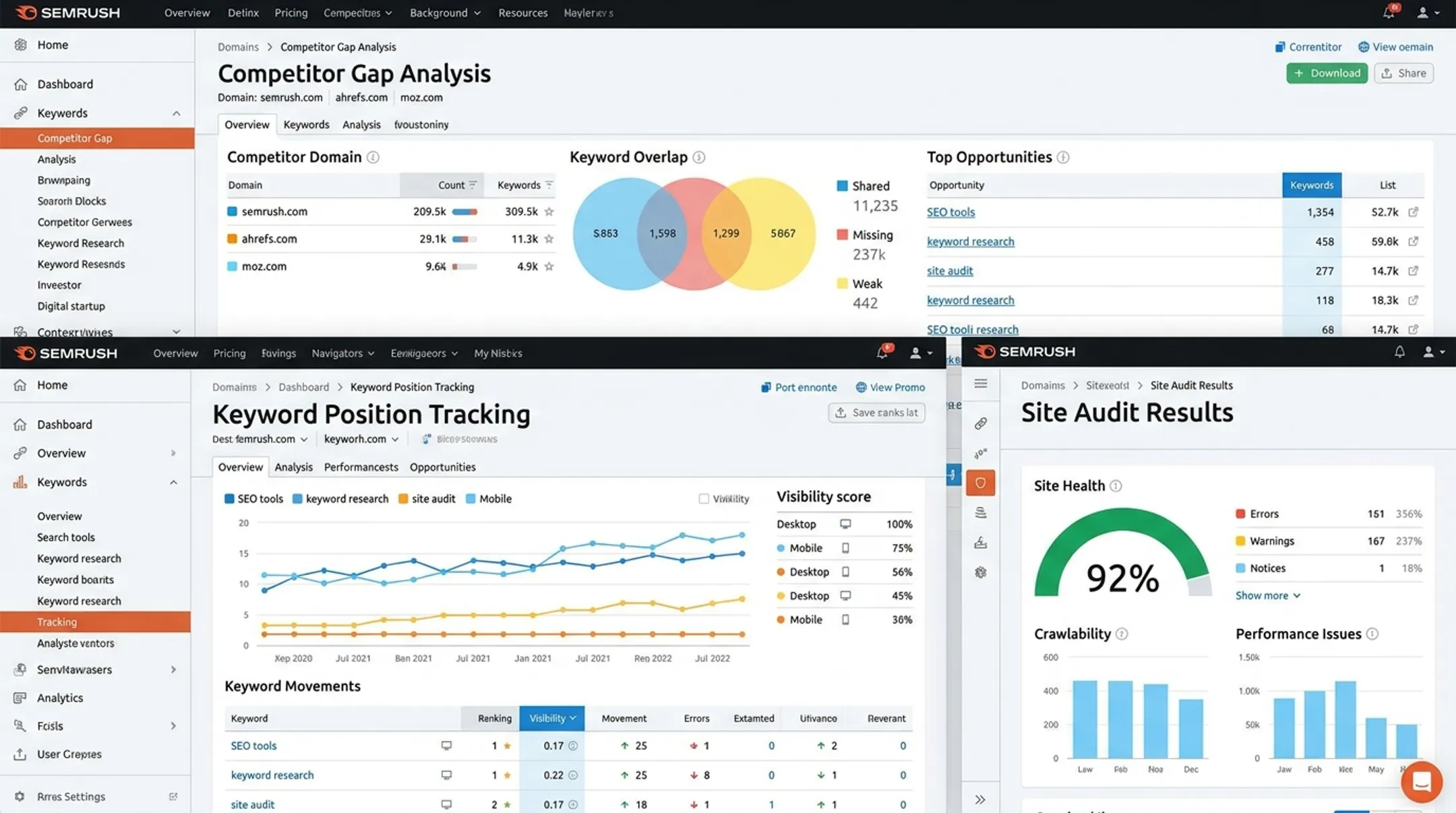 Semrush dashboard showing competitor gap analysis and rank tracking