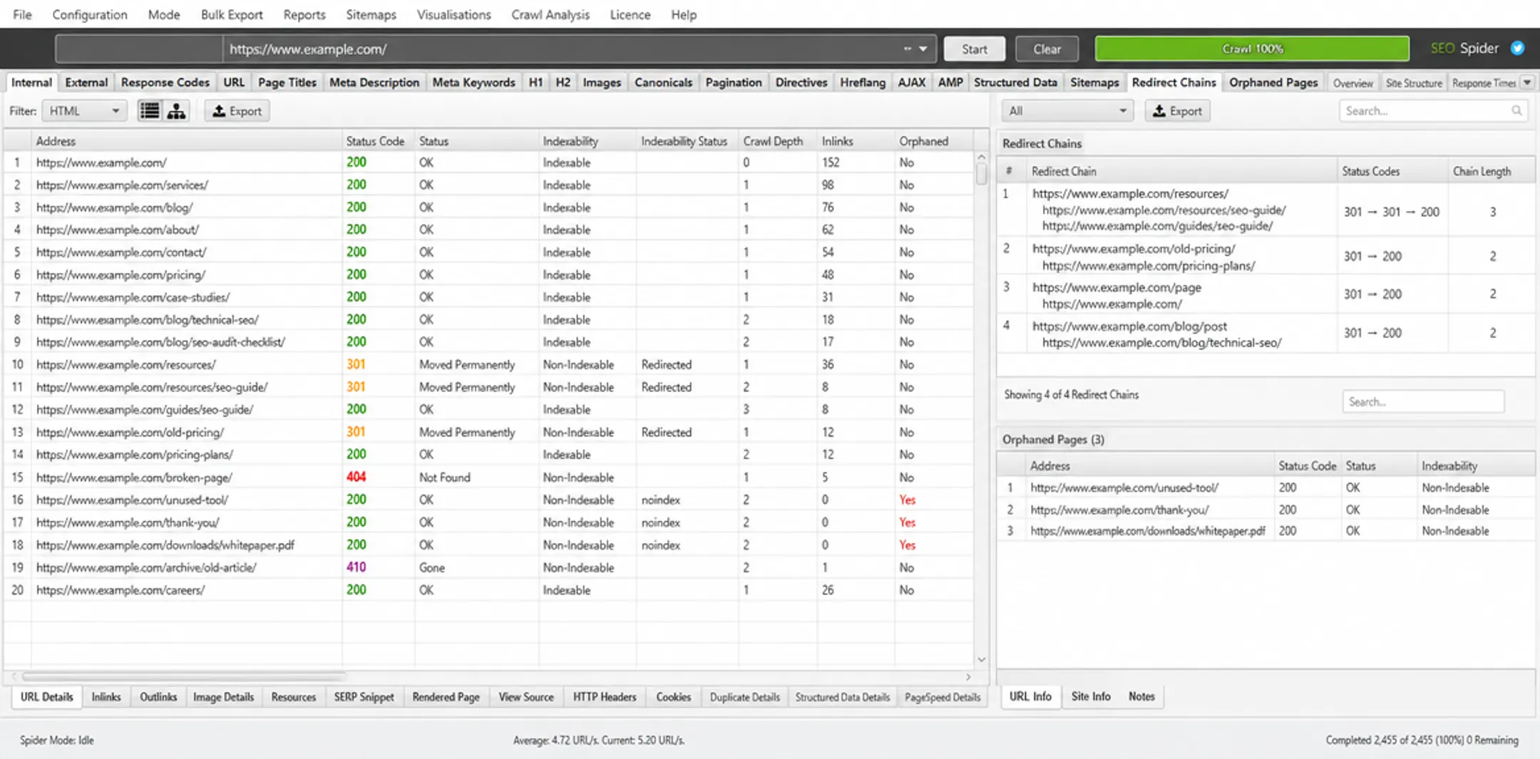 Screaming Frog crawler interface showing technical SEO audit results