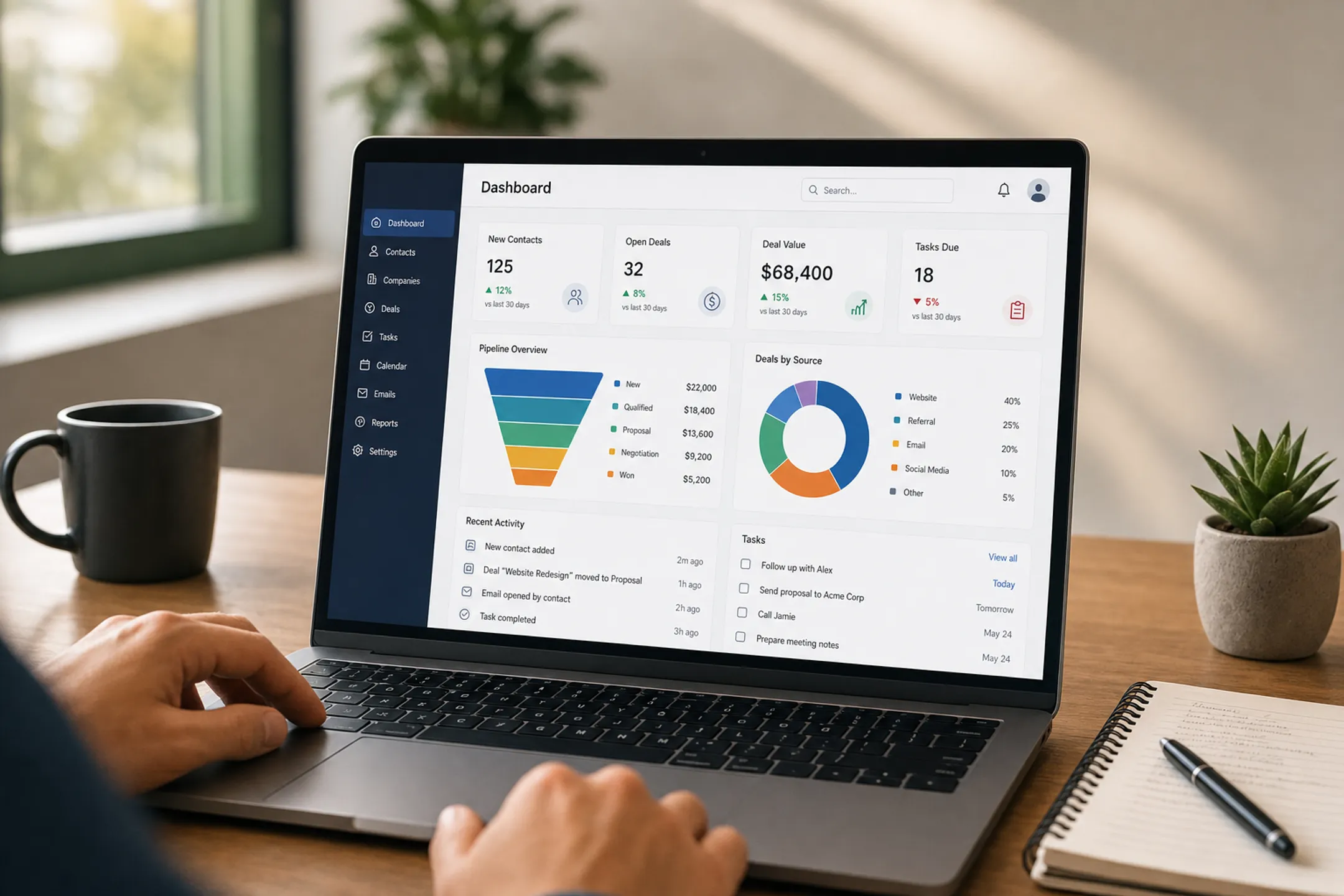 Small business owner using off-the-shelf CRM and accounting software on laptop