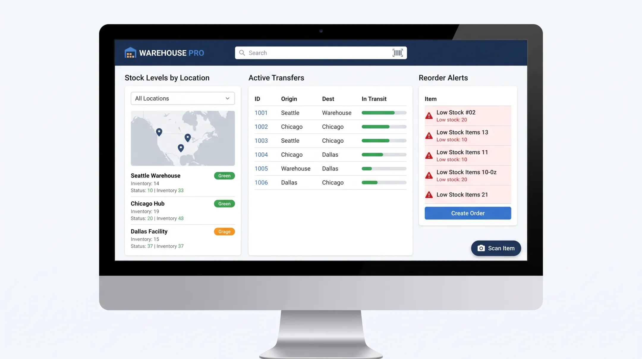 Custom warehouse management system dashboard showing multi-location stock visibility
