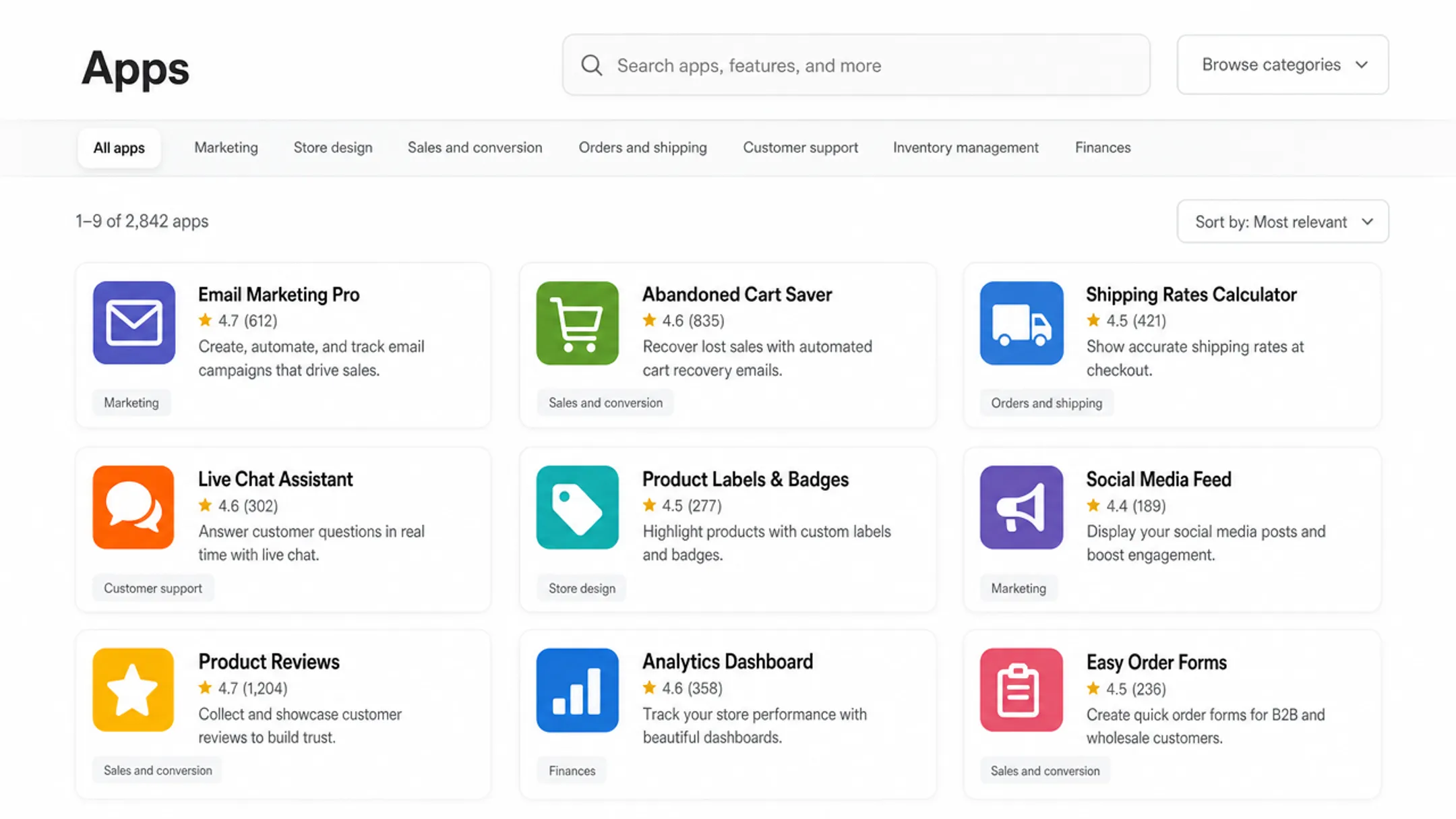 Shopify app store interface showing ecommerce integration app listings
