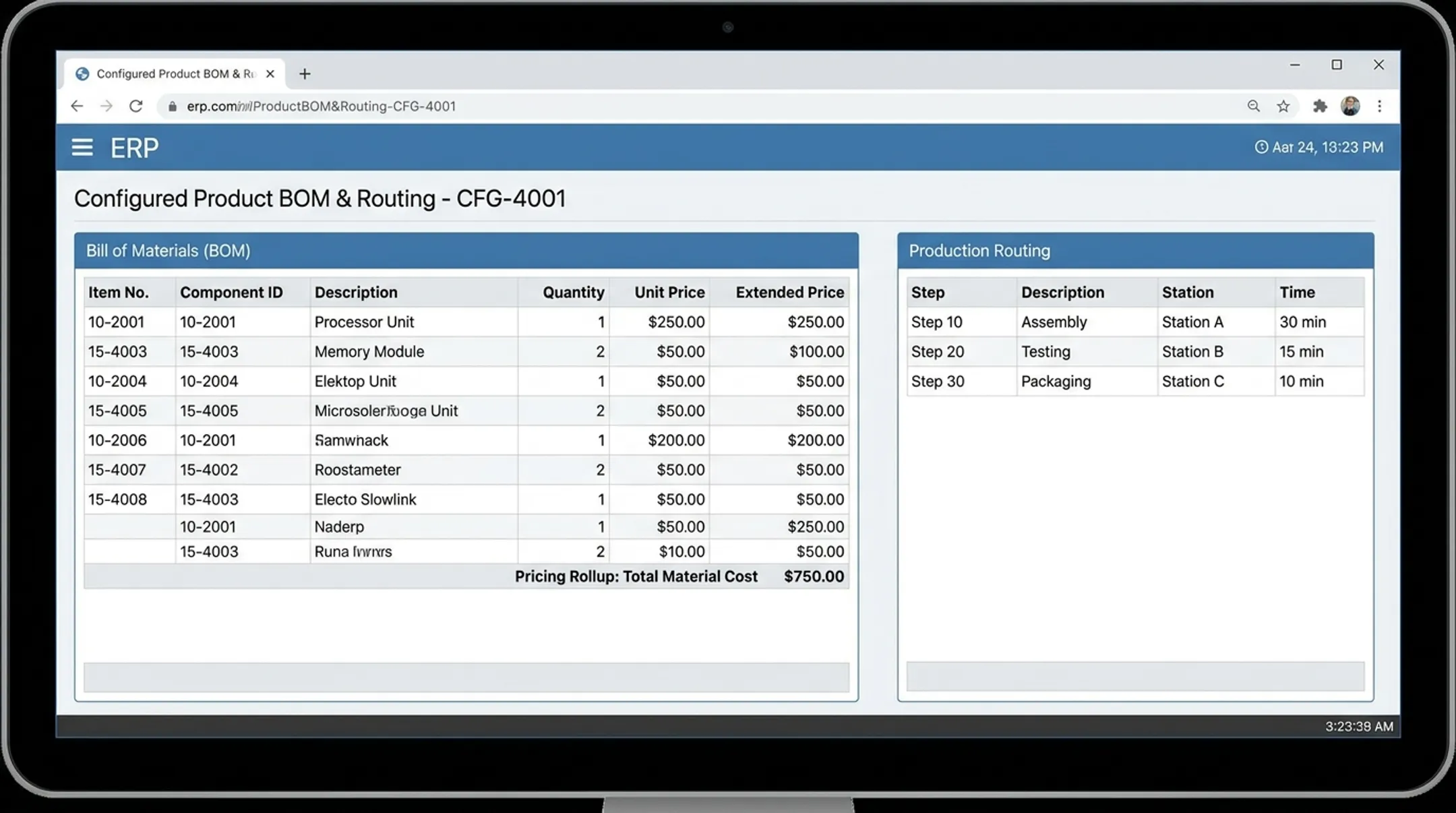 ERP system dashboard showing auto-generated bill of materials and routing
