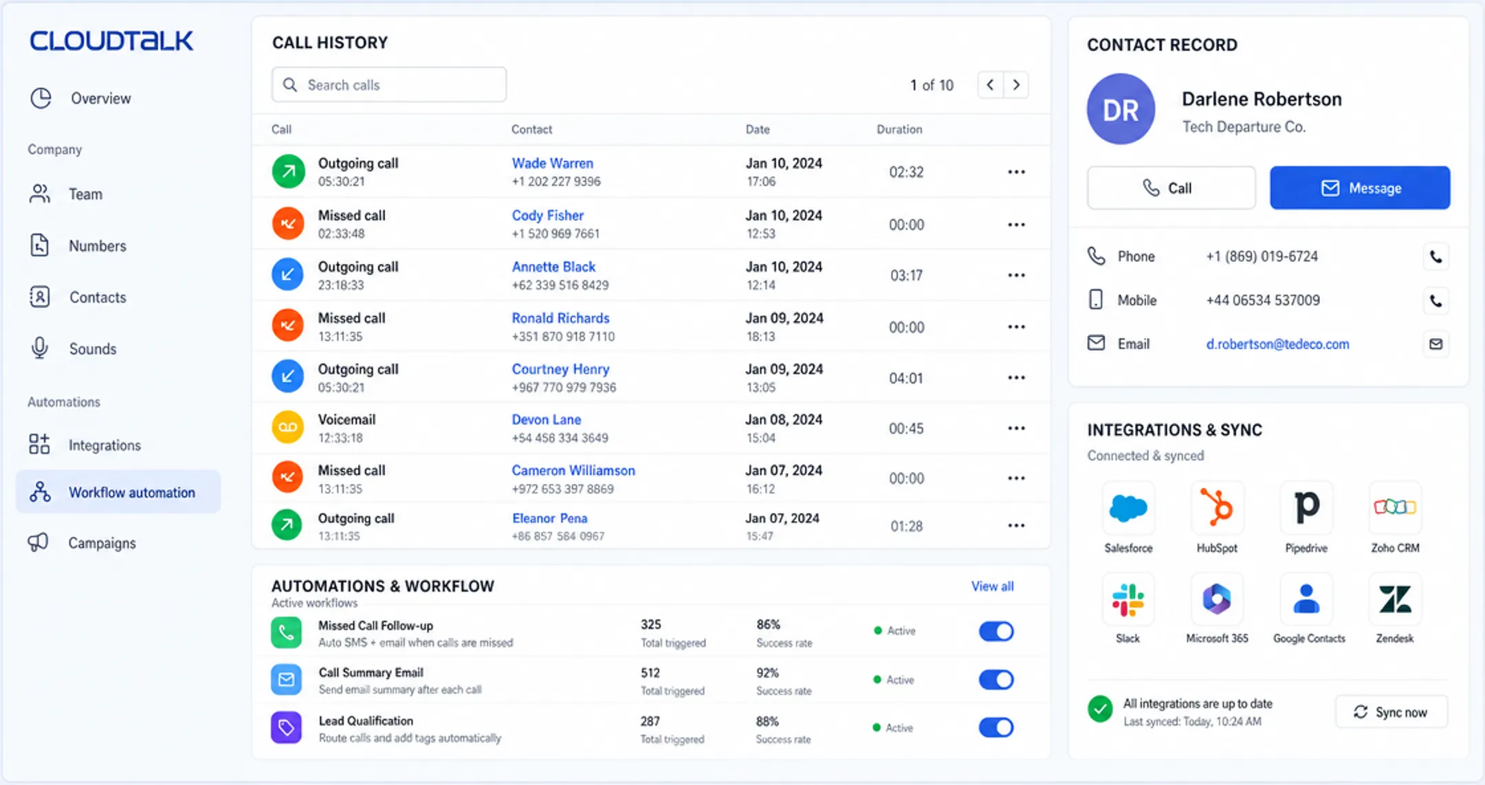 CRM dashboard interface showing call logs and contact sync features