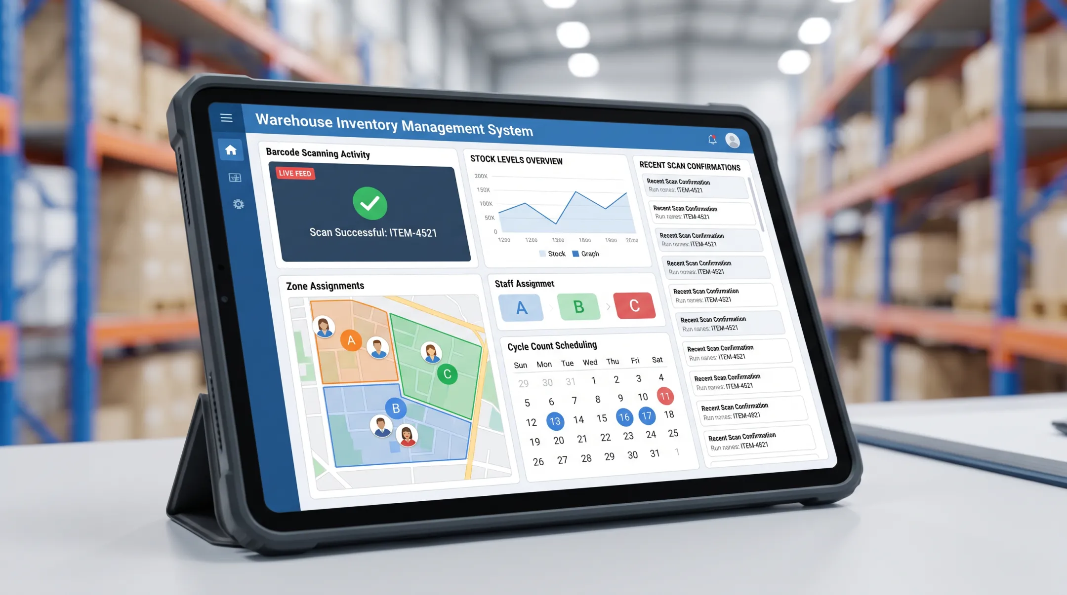 Warehouse management system dashboard showing barcode scanning and cycle count data