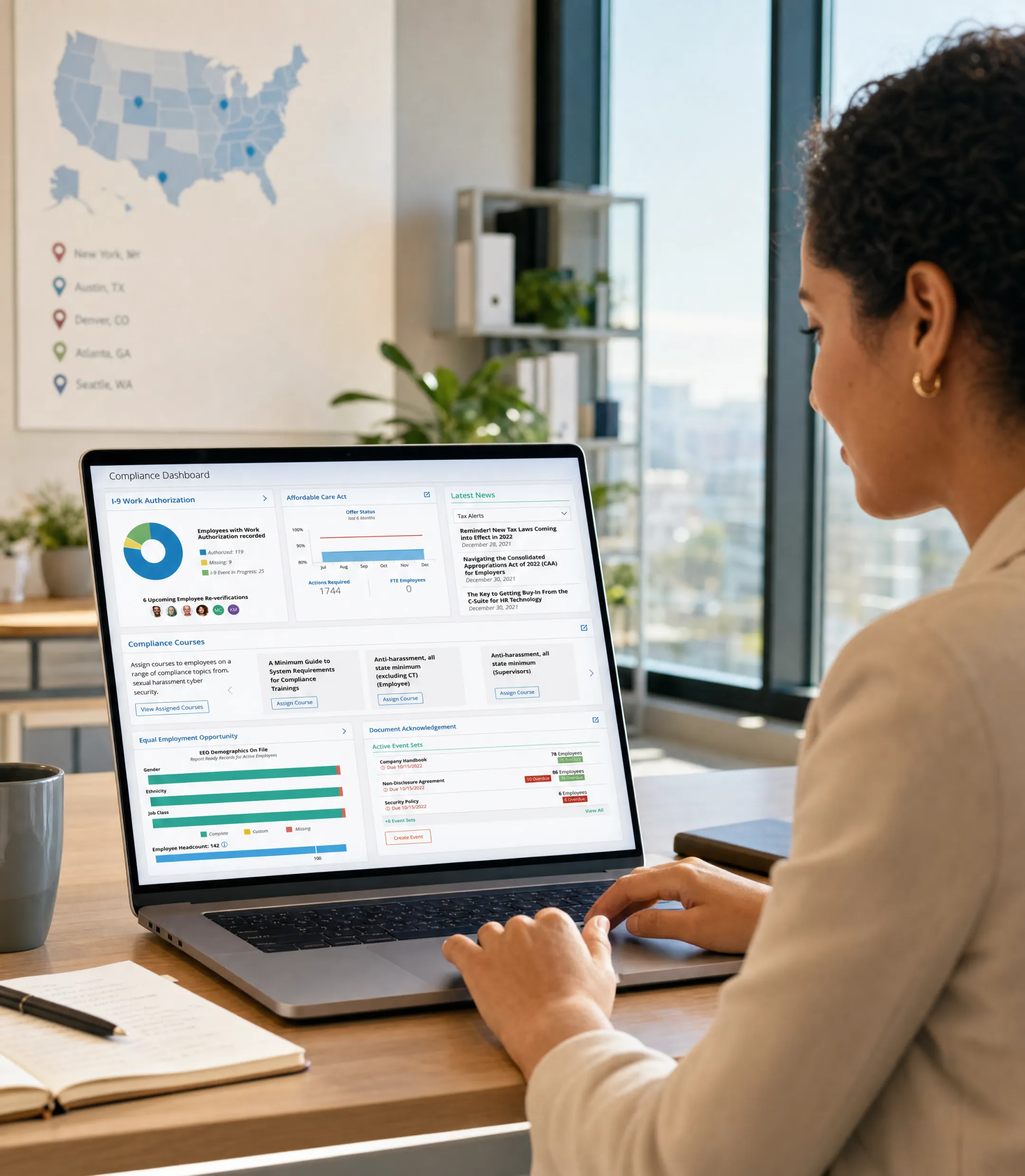 HR manager reviewing payroll and compliance dashboard on laptop