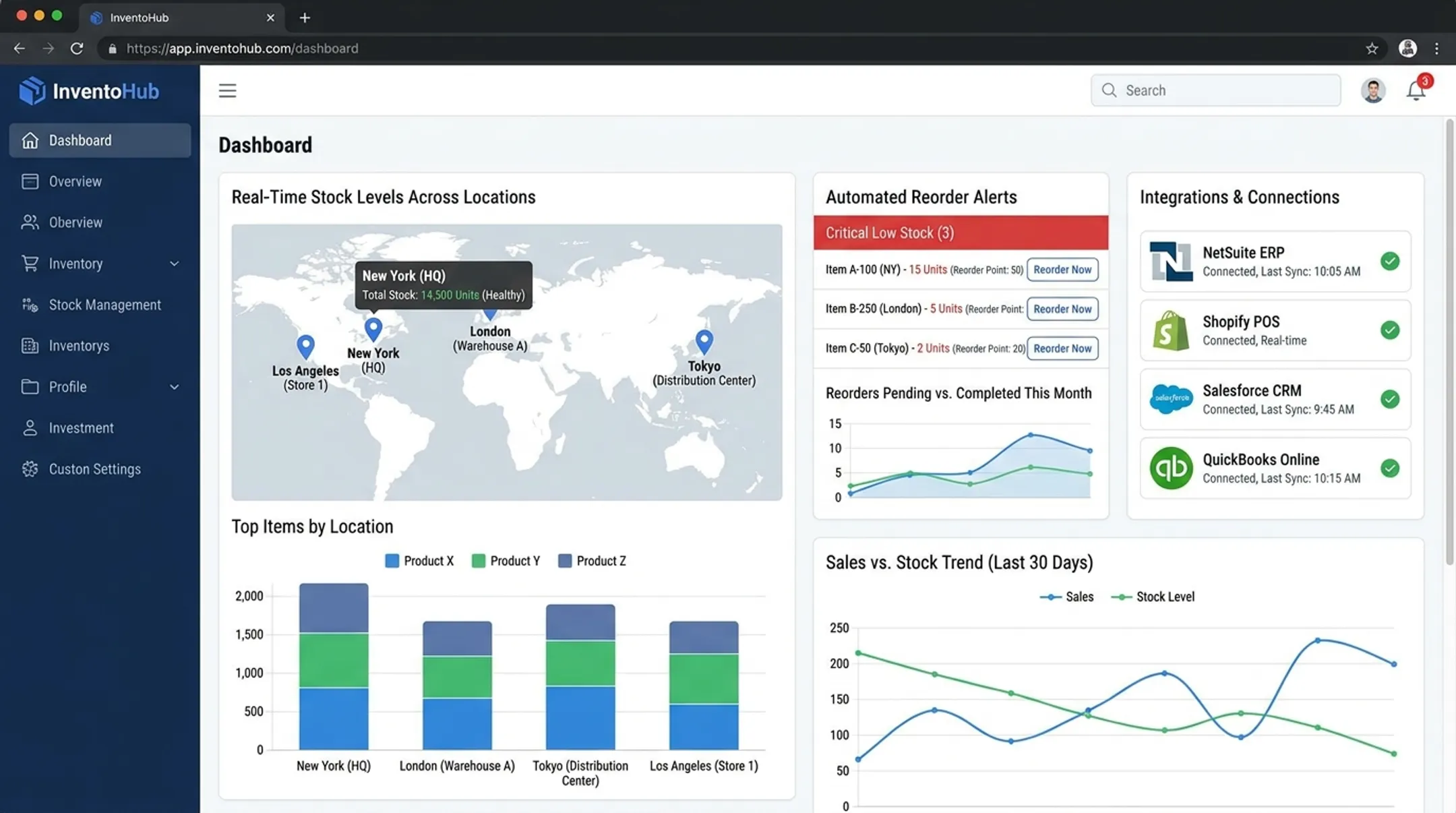 Inventory management software dashboard showing real-time stock and reorder alerts