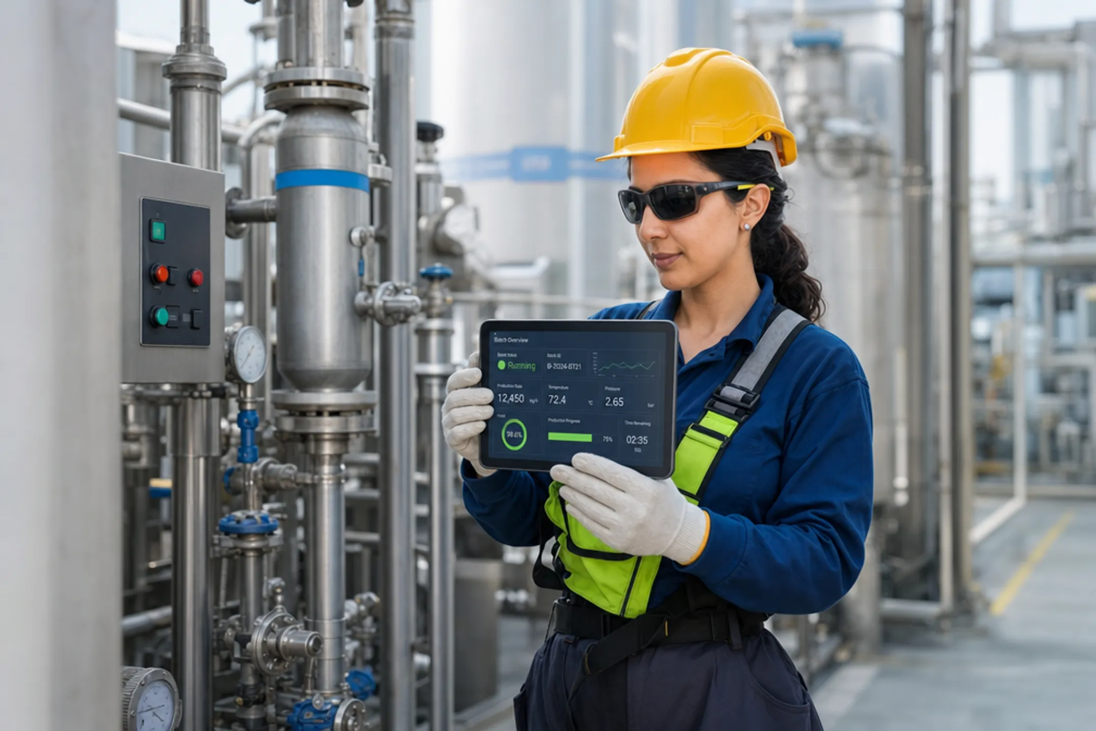 Chemical plant worker using mobile ERP device on production floor