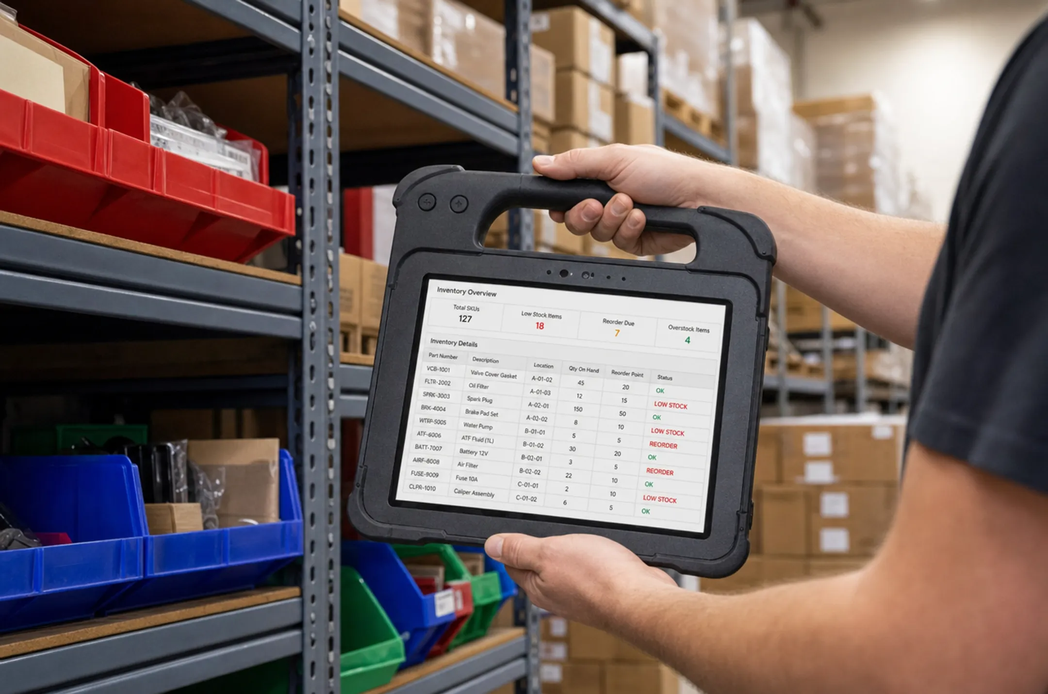 Warehouse team reviewing inventory management software dashboard on tablet