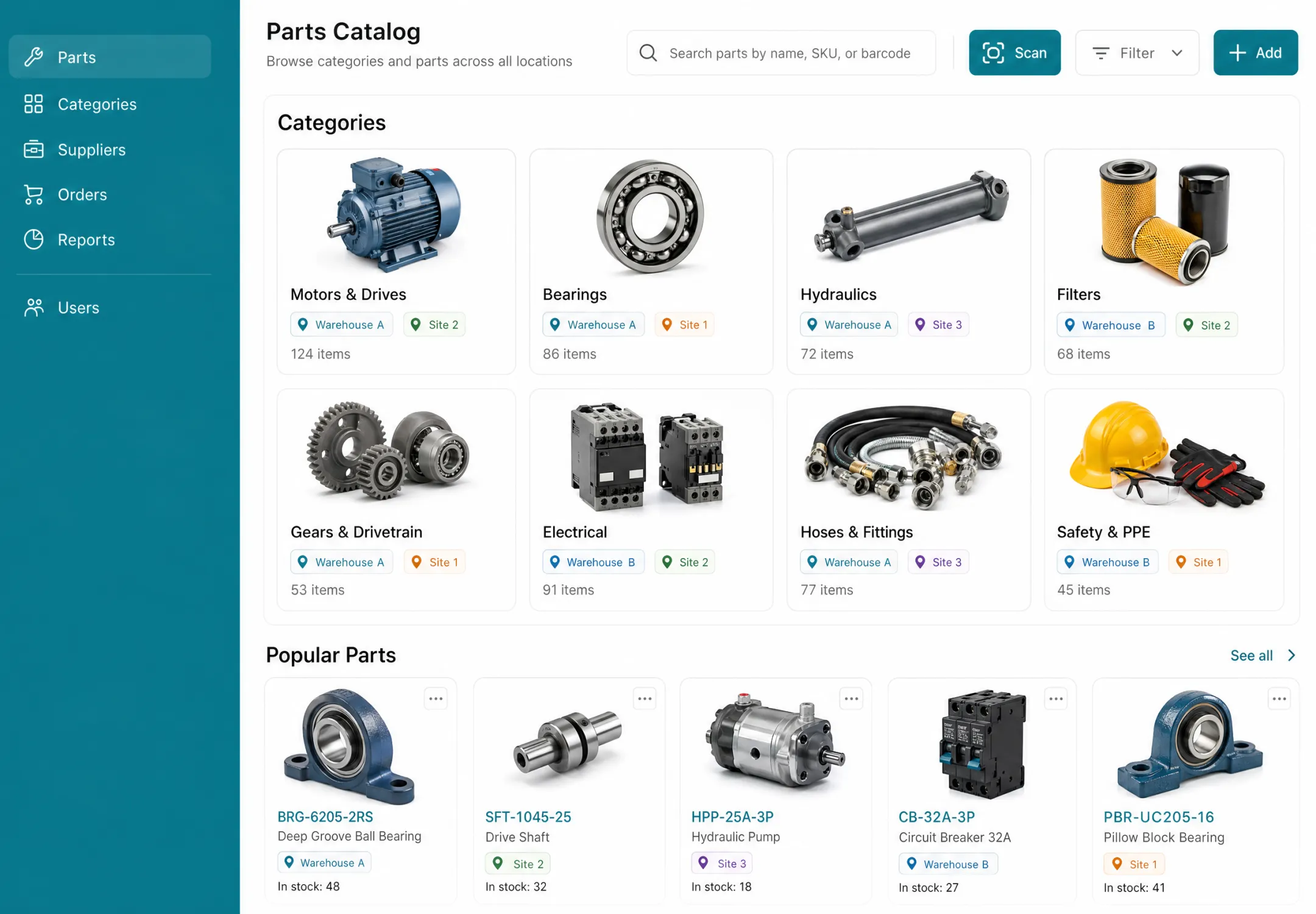 Mobile inventory app displaying photo-based spare parts catalog