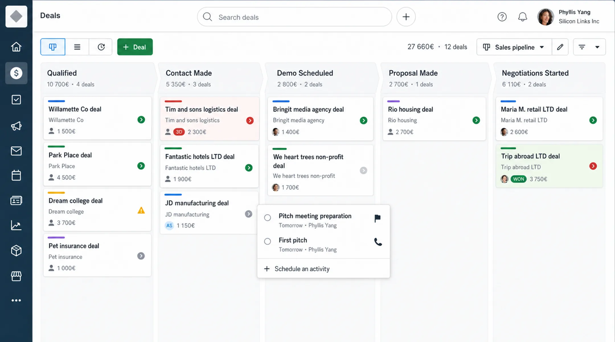 CRM software dashboard interface showing sales pipeline and contact management