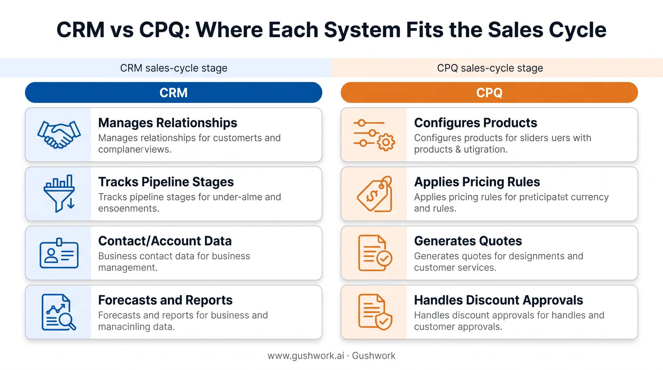 CRM versus CPQ comparison chart showing function data and output differences