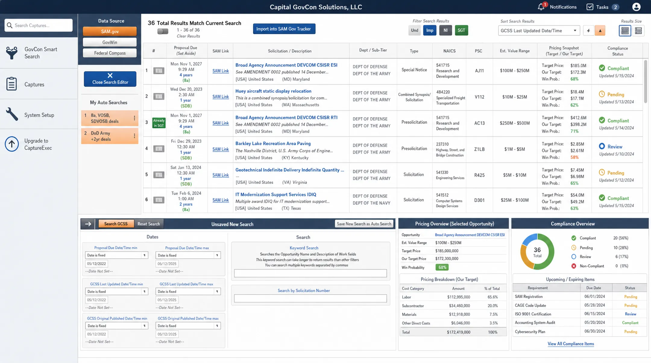Federal procurement dashboard displaying government contract opportunities and solicitations