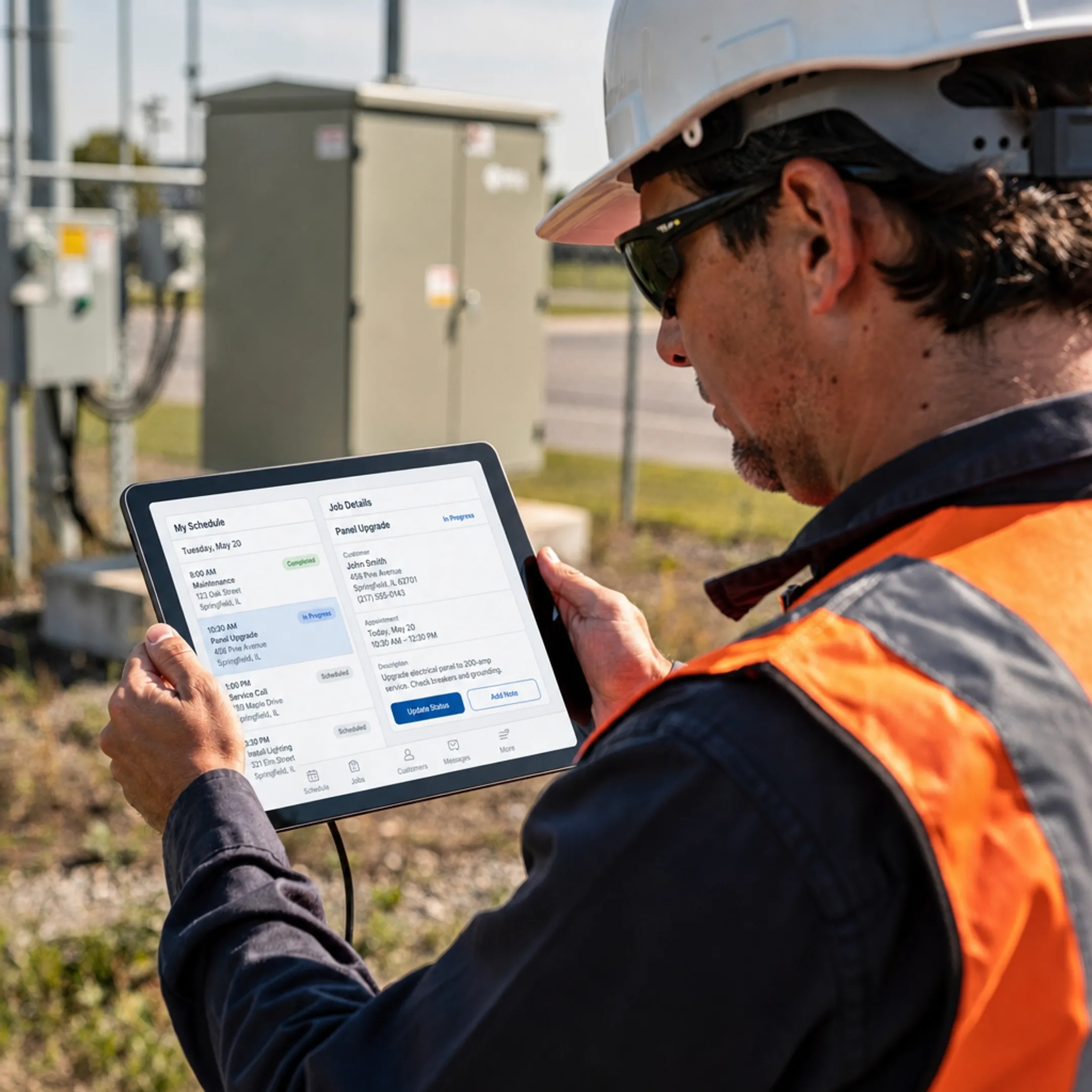 Electrician using tablet for job scheduling on service call