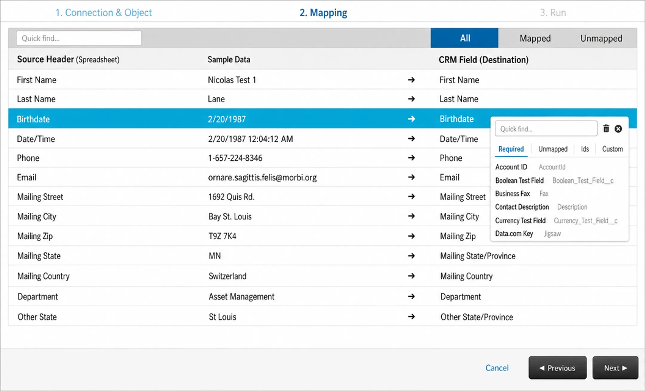 Spreadsheet data being mapped to CRM fields during import setup