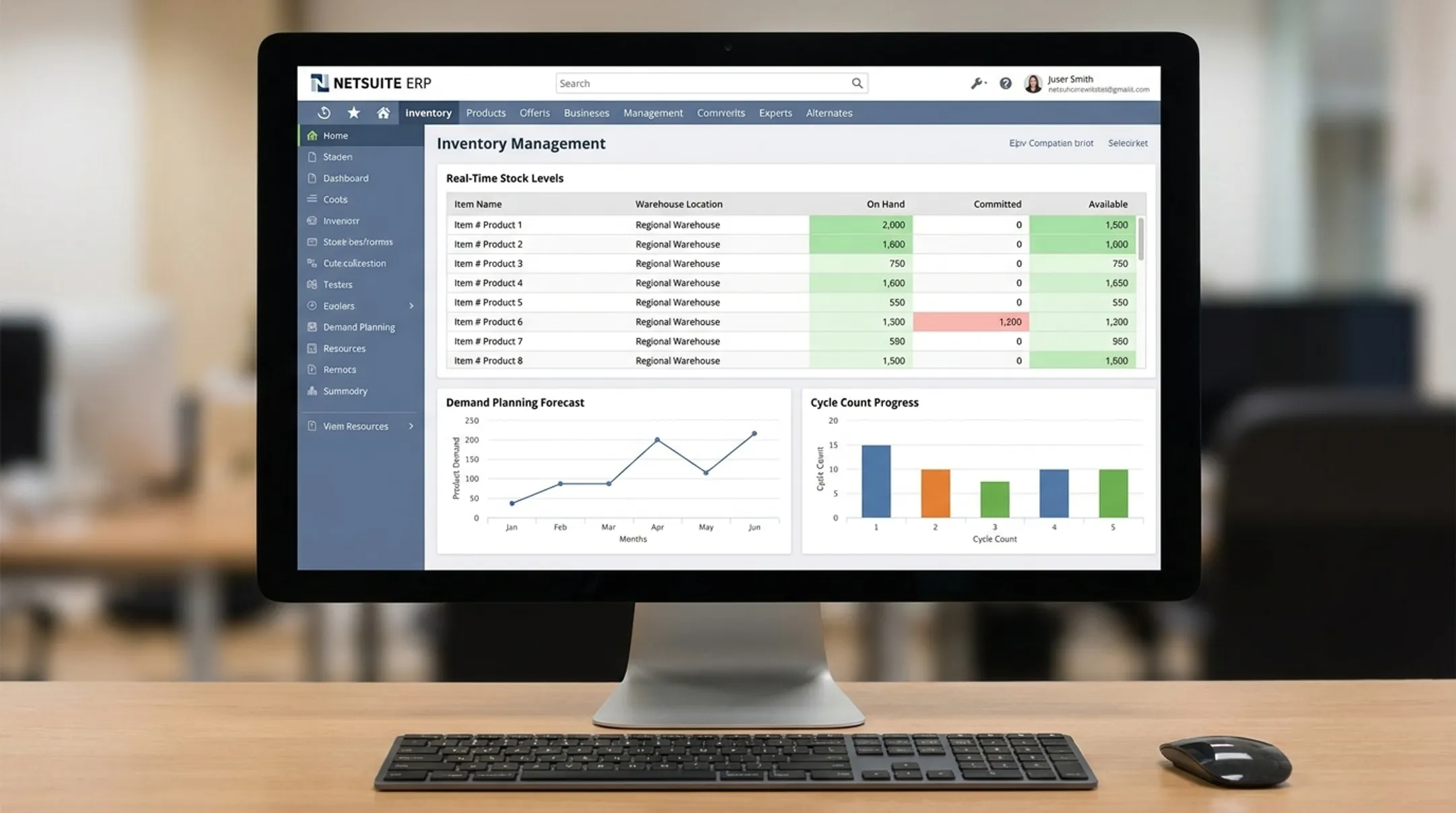 NetSuite inventory dashboard showing multi-location stock tracking metrics