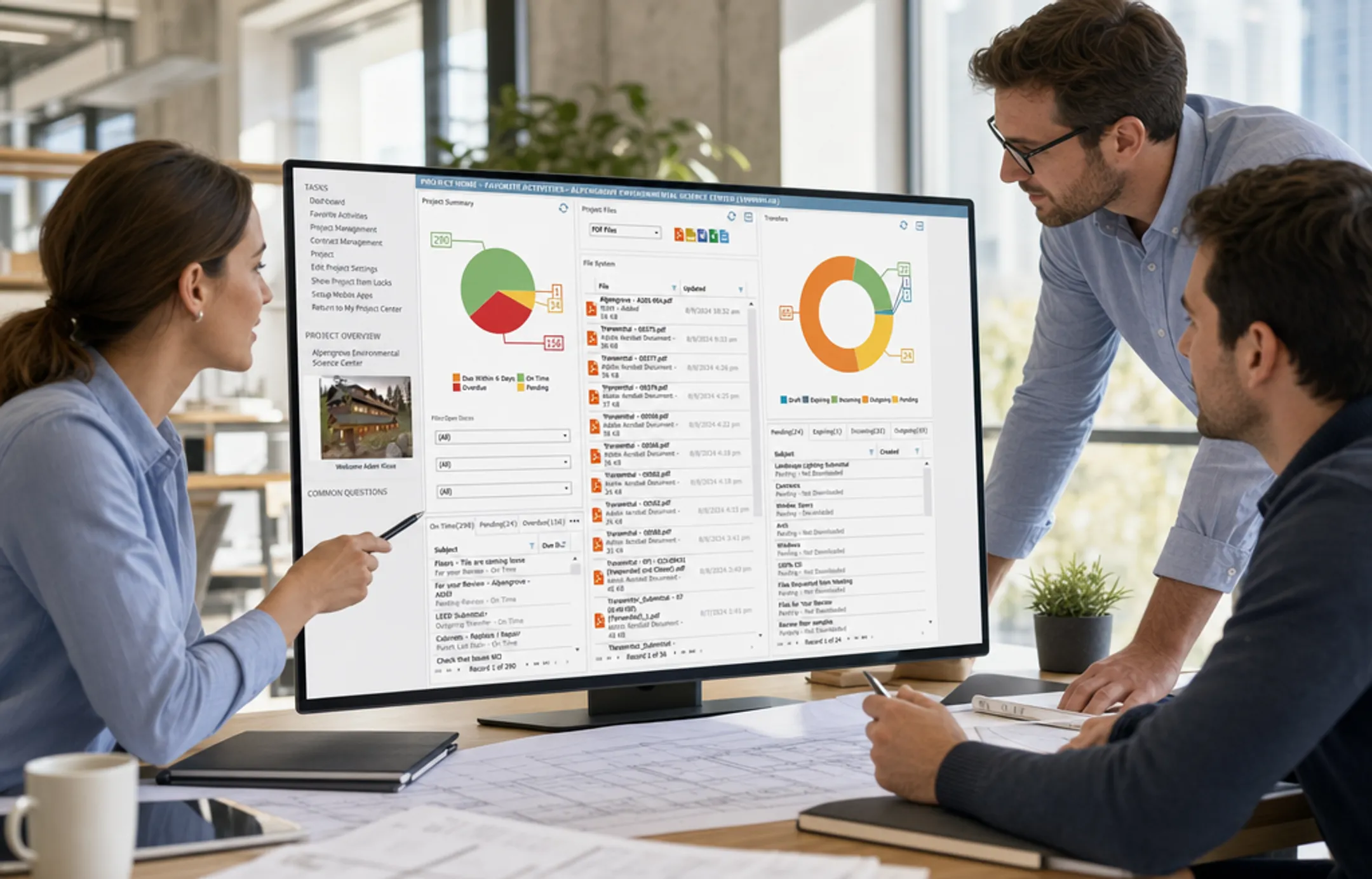 Architecture firm project managers reviewing ERP software dashboard interface