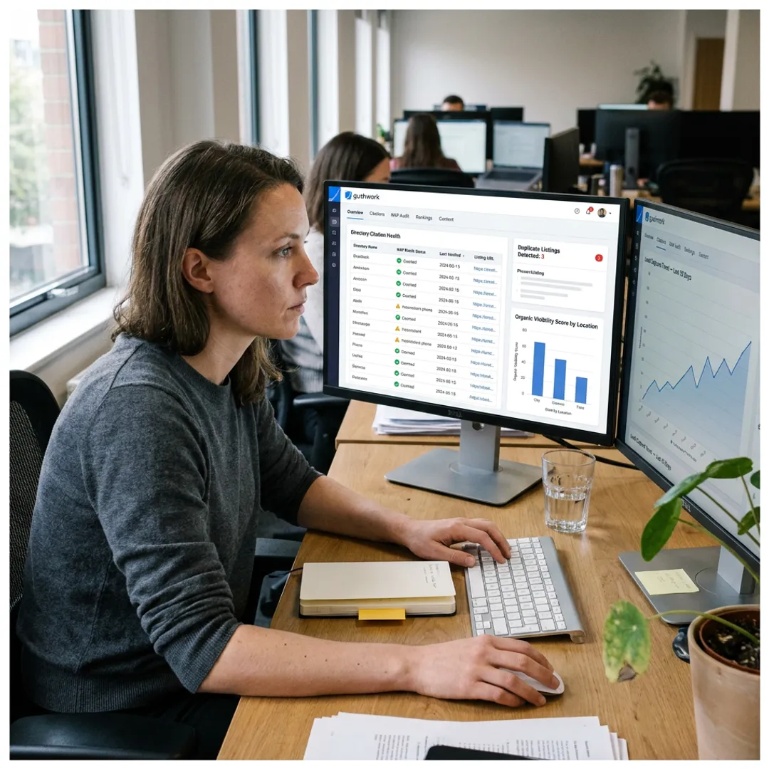 SEO specialist auditing business listings
