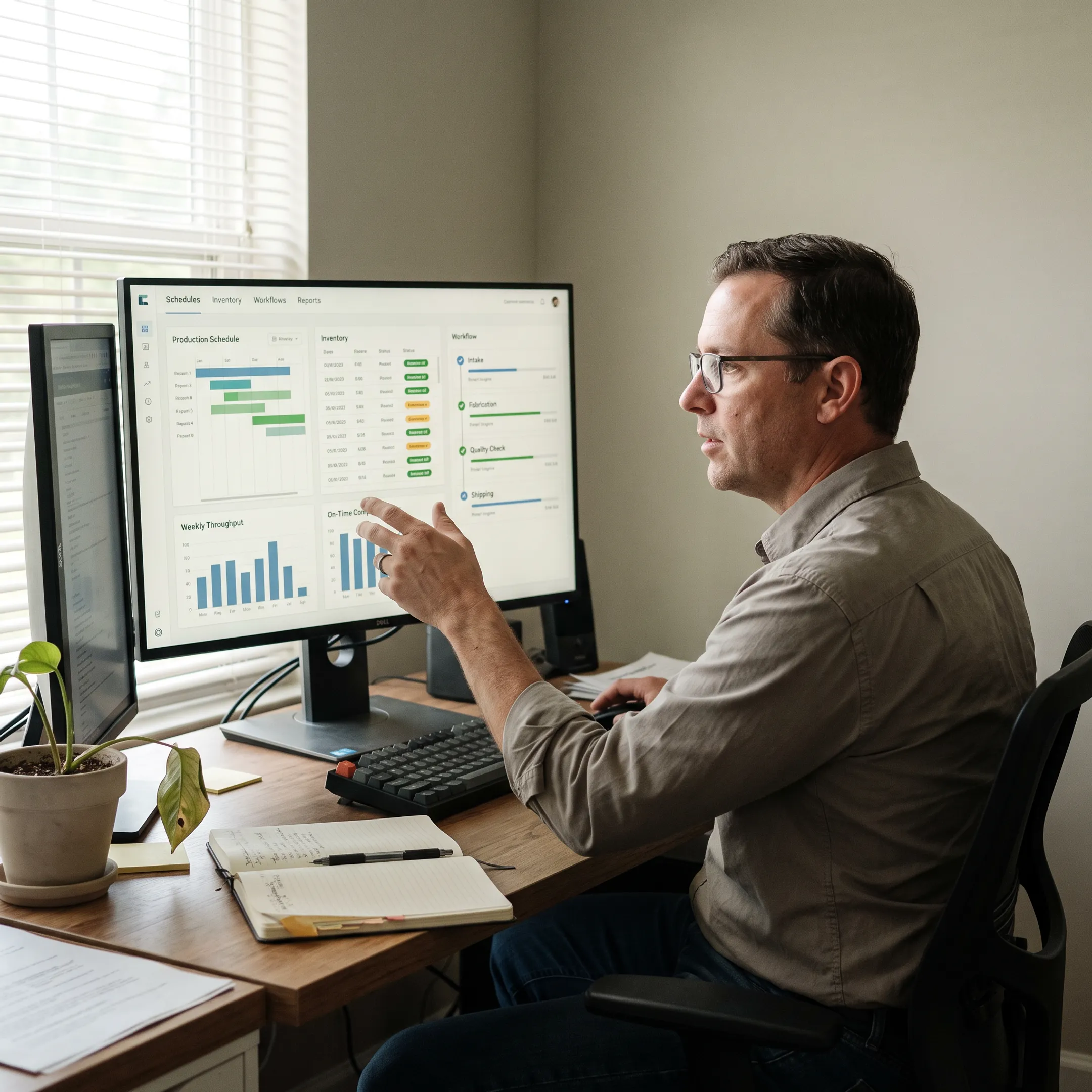 Production planning software dashboard for a manufacturing team
