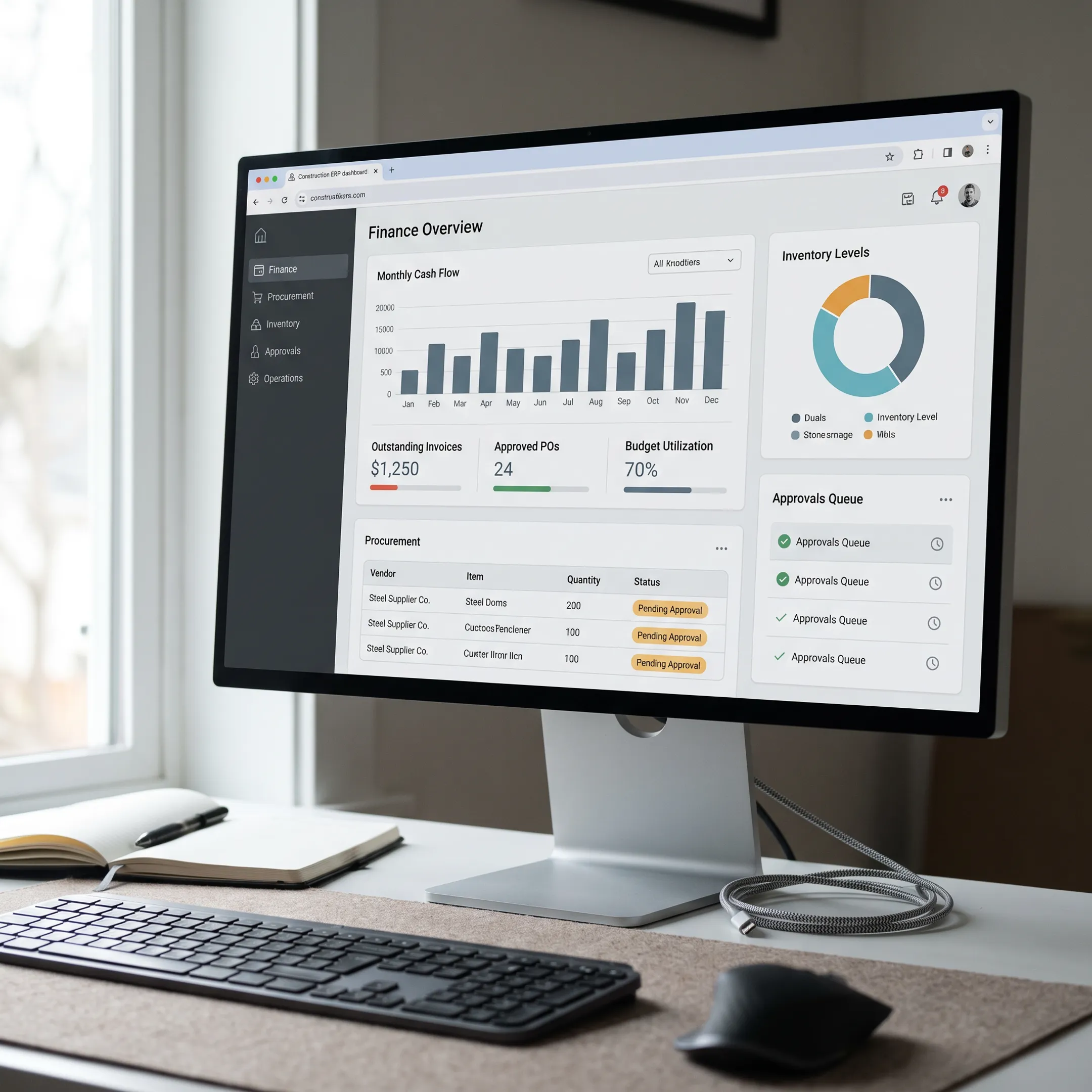 Custom construction ERP interface displayed on a desktop monitor