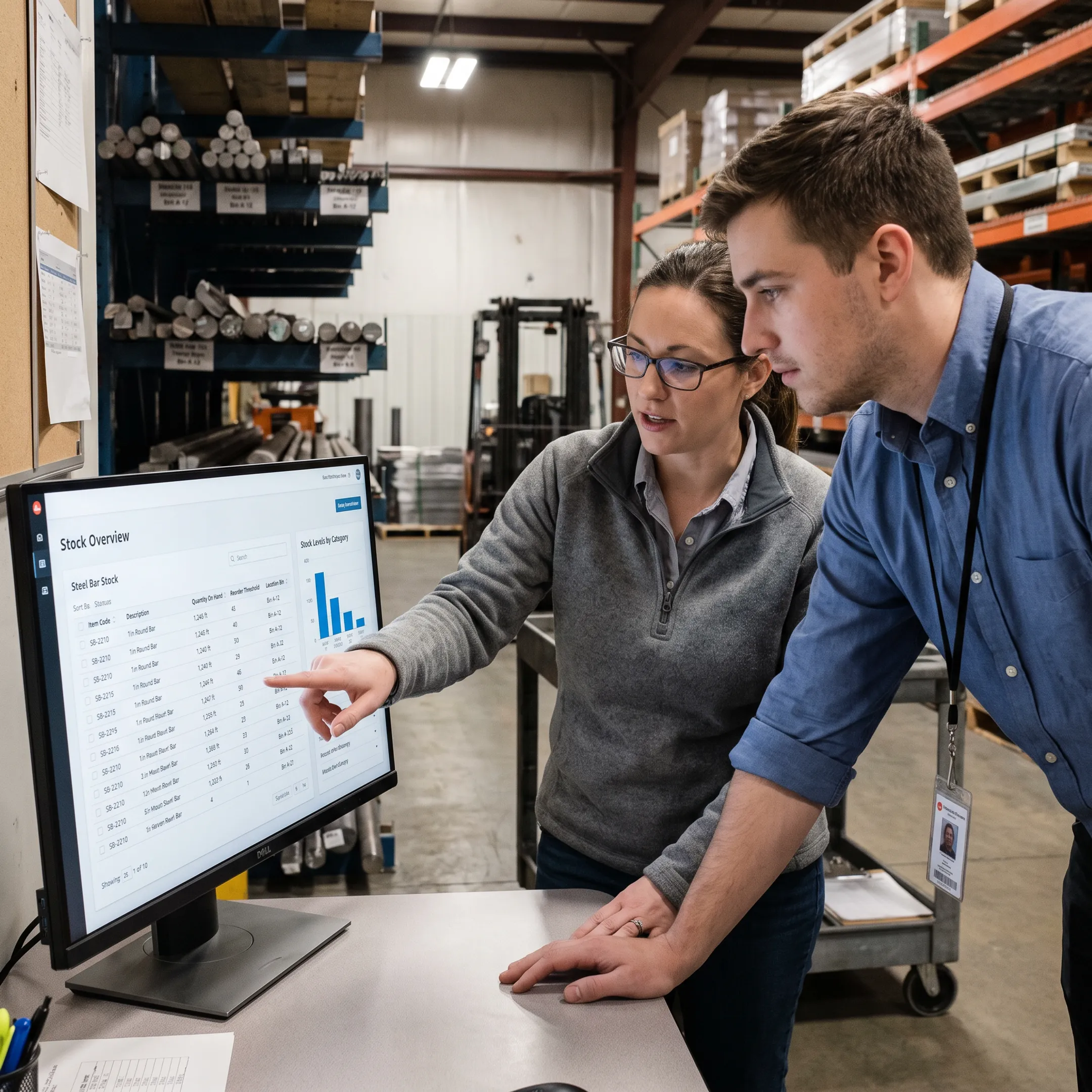 Fabrication team reviewing steel inventory records on a digital system