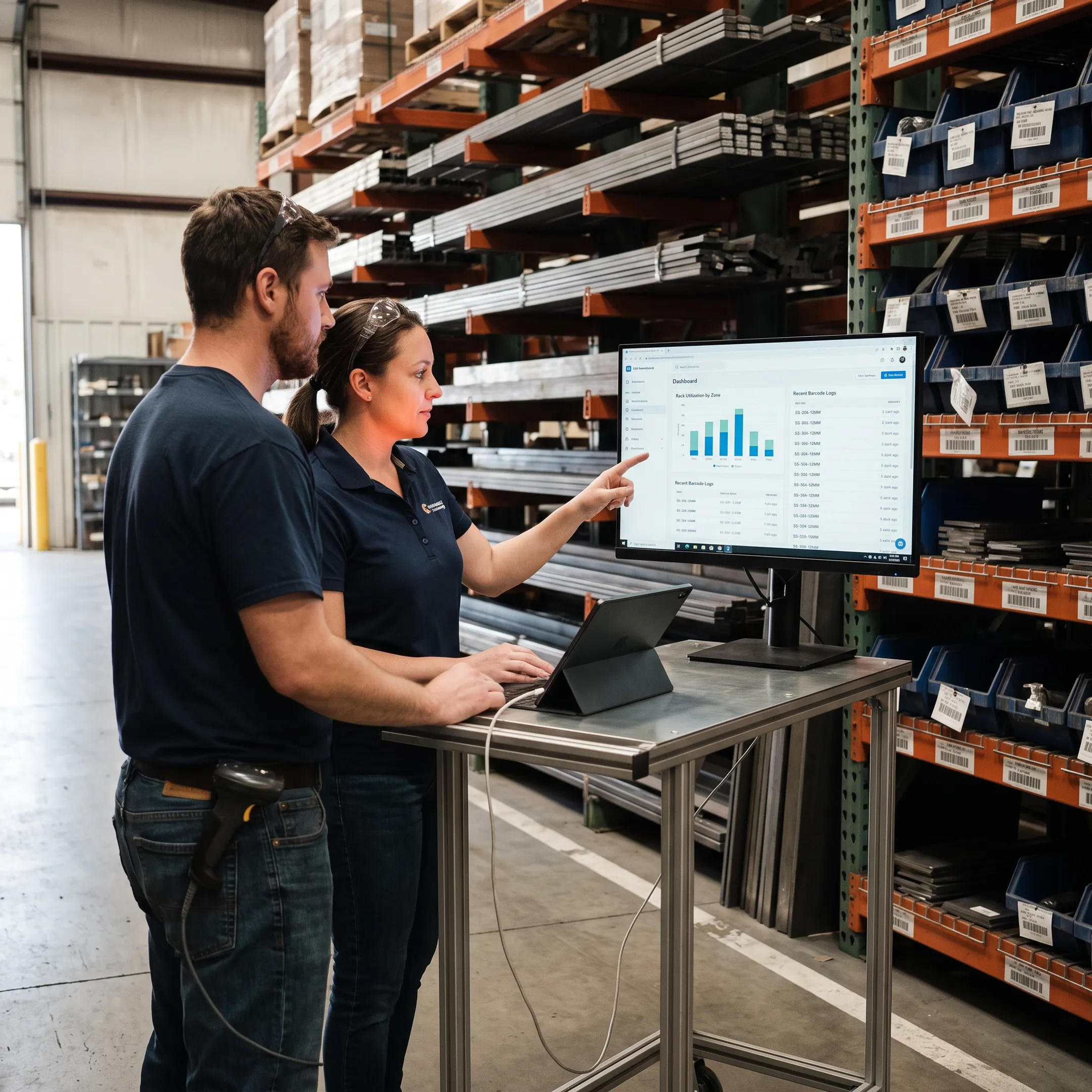 Steel inventory management software displayed beside organized metal stock in a fabrication warehouse