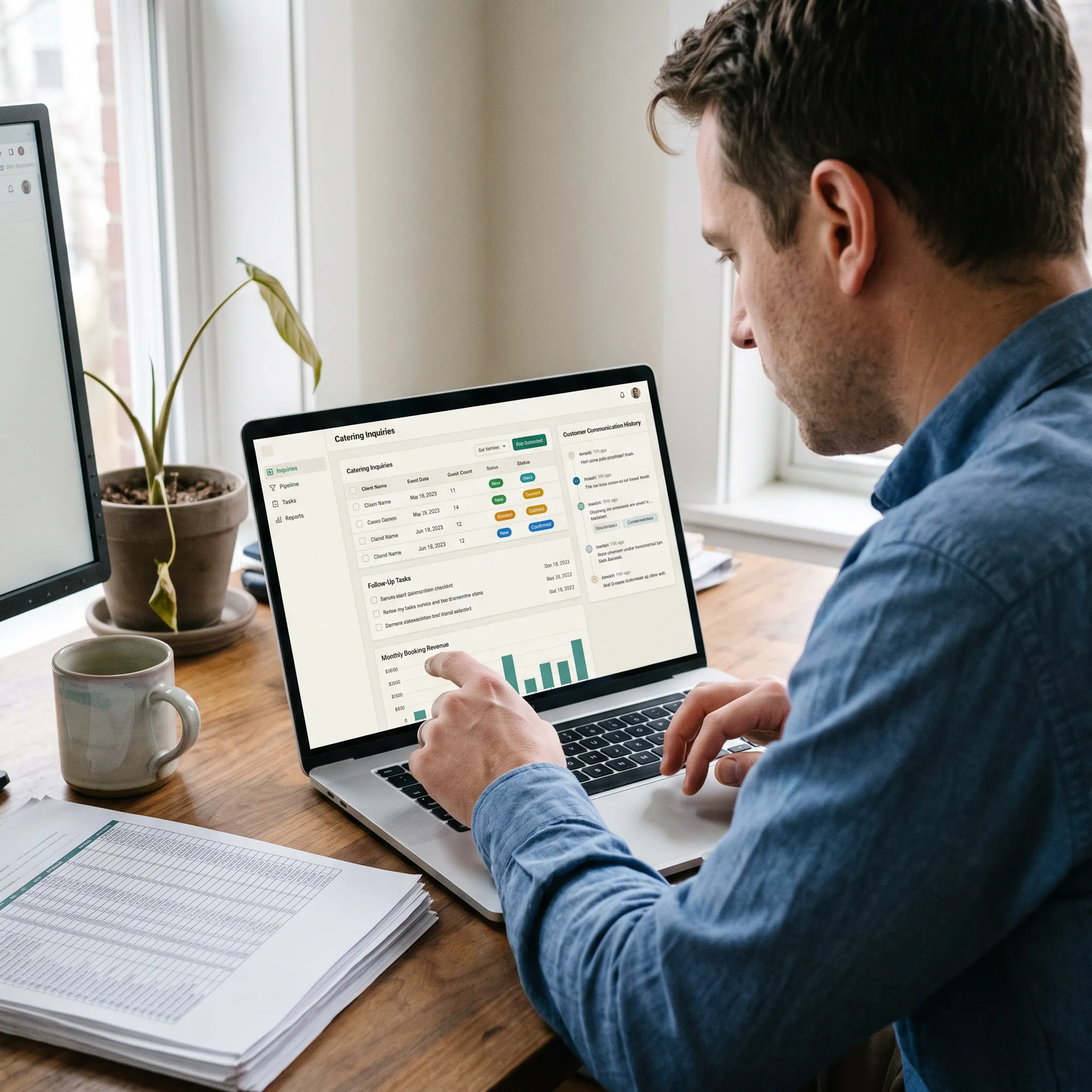 Catering CRM dashboard displaying event leads and customer records