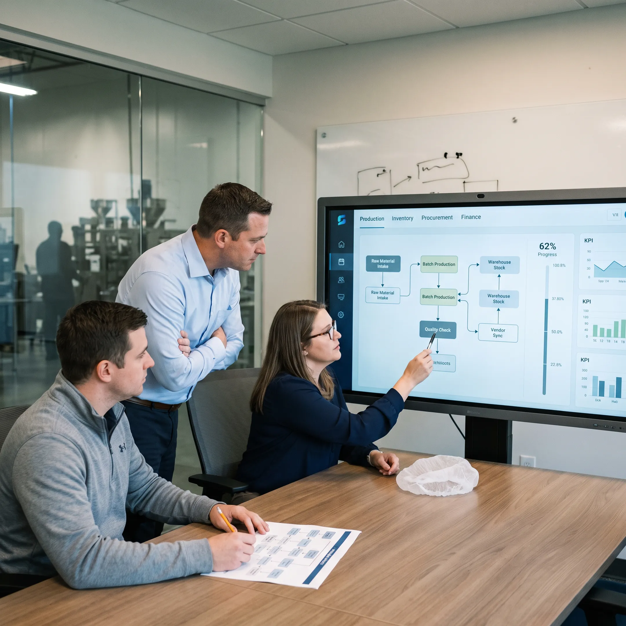 Manufacturing team reviewing integrated ERP workflows