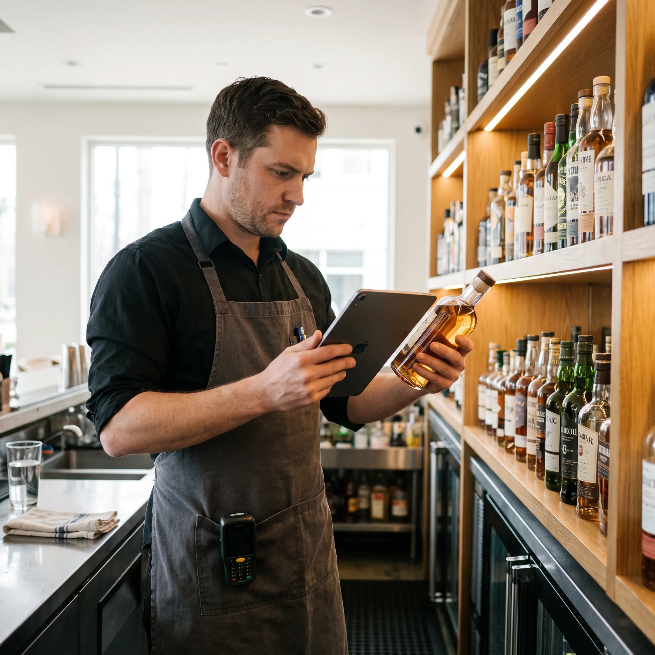 Bartender checking digital stock records near bottle shelves