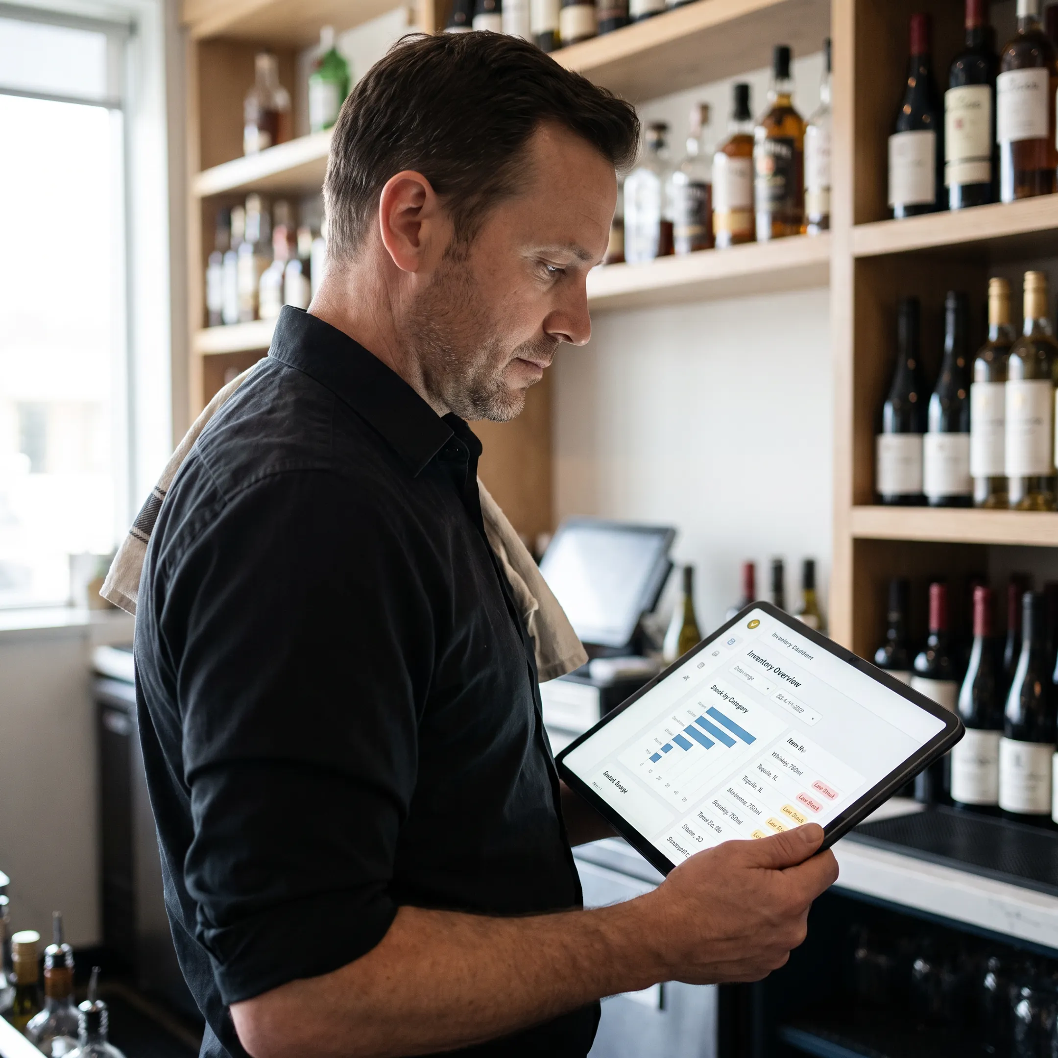 Bar manager reviewing inventory software beside organized bottles