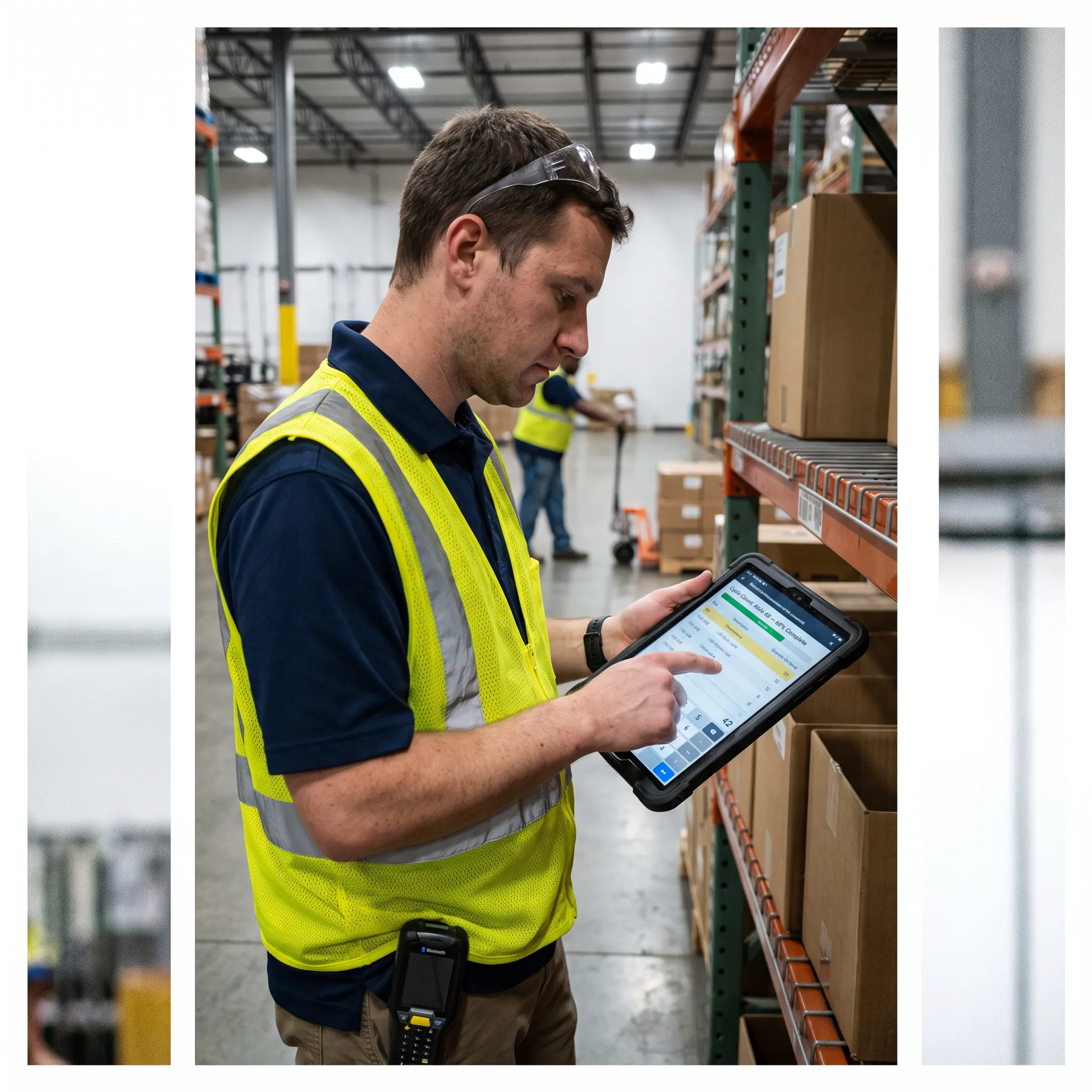 Warehouse staff using software during a physical inventory count