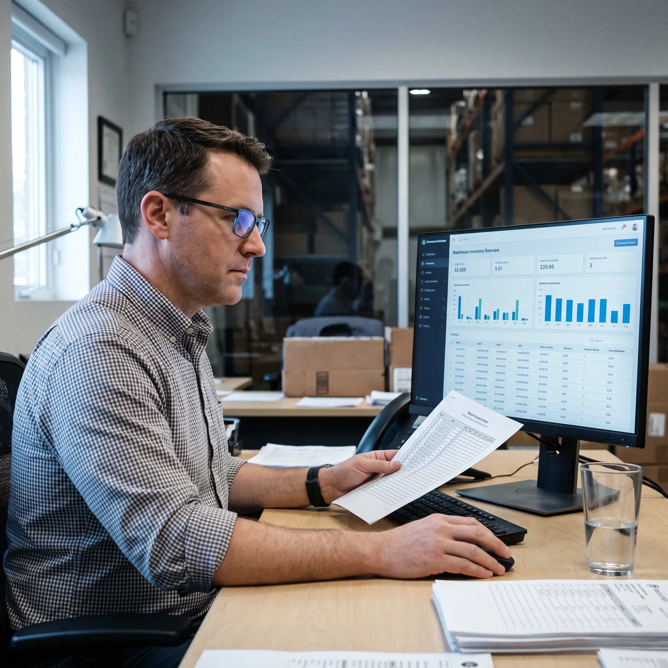 Inventory manager reviewing counted stock on software