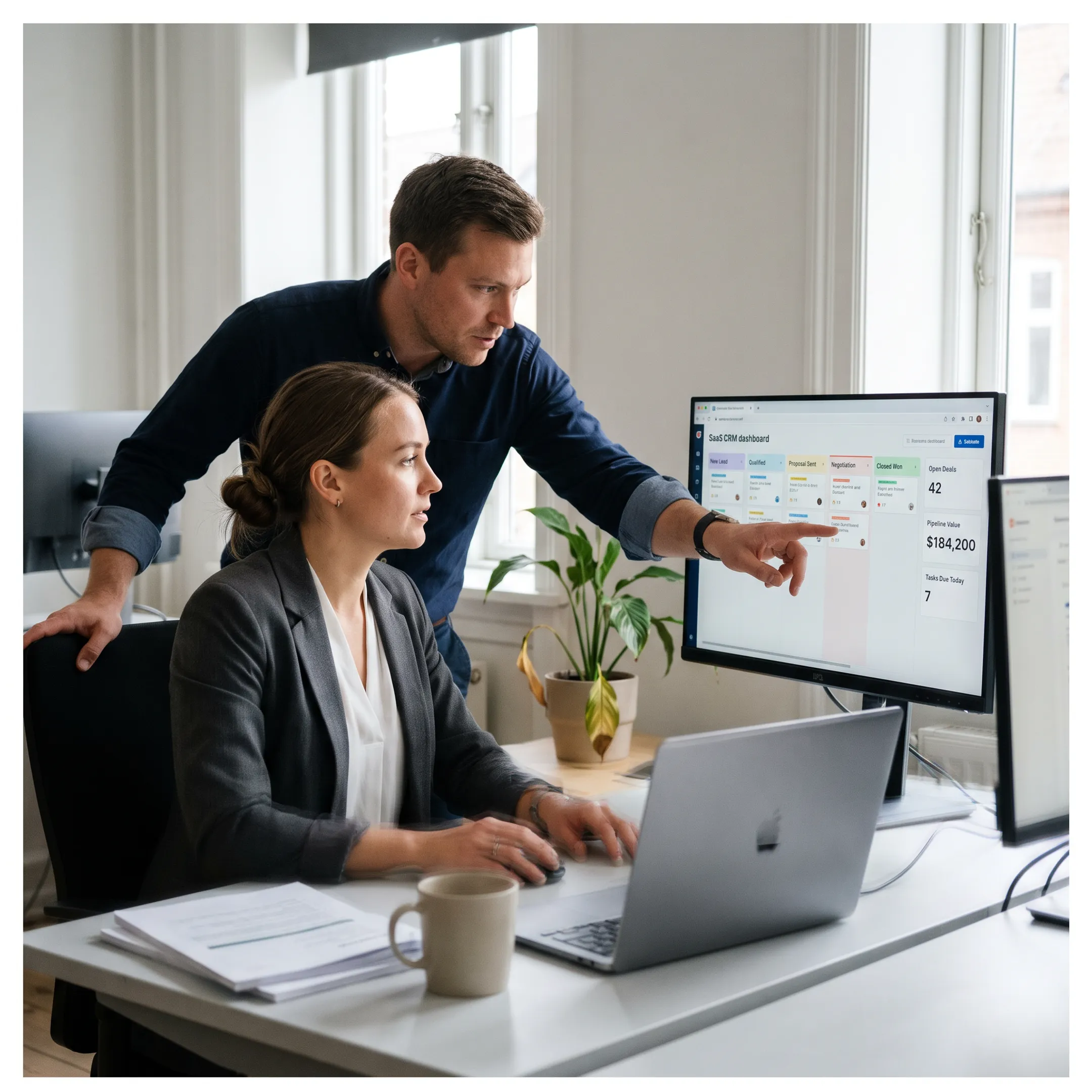 Team reviewing a live CRM dashboard with sales pipeline and customer records