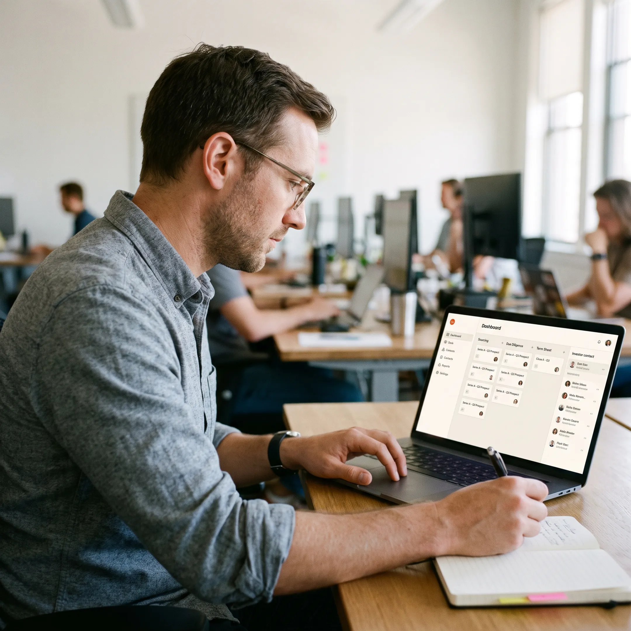 Investor relations CRM workflow on laptop
