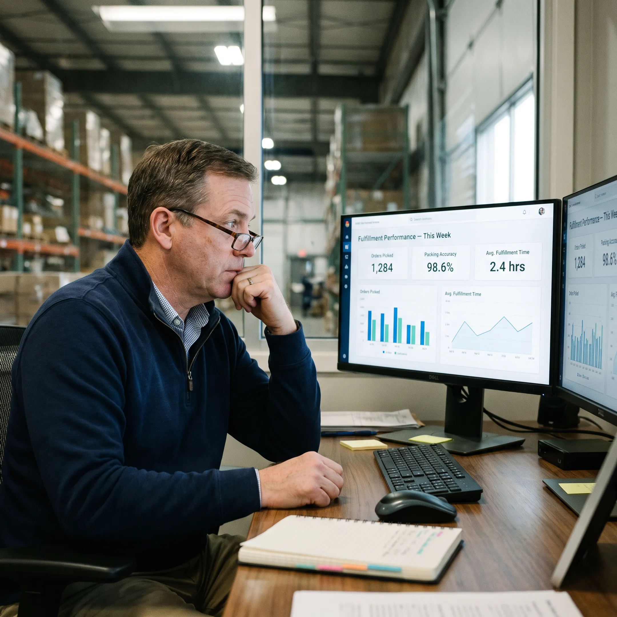 Warehouse manager reviewing WMS analytics dashboard
