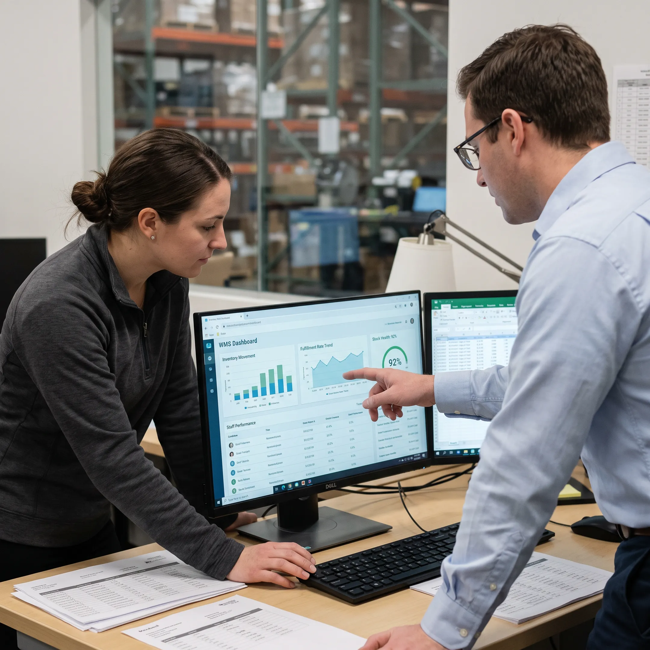 Operations team analysing warehouse reporting dashboard