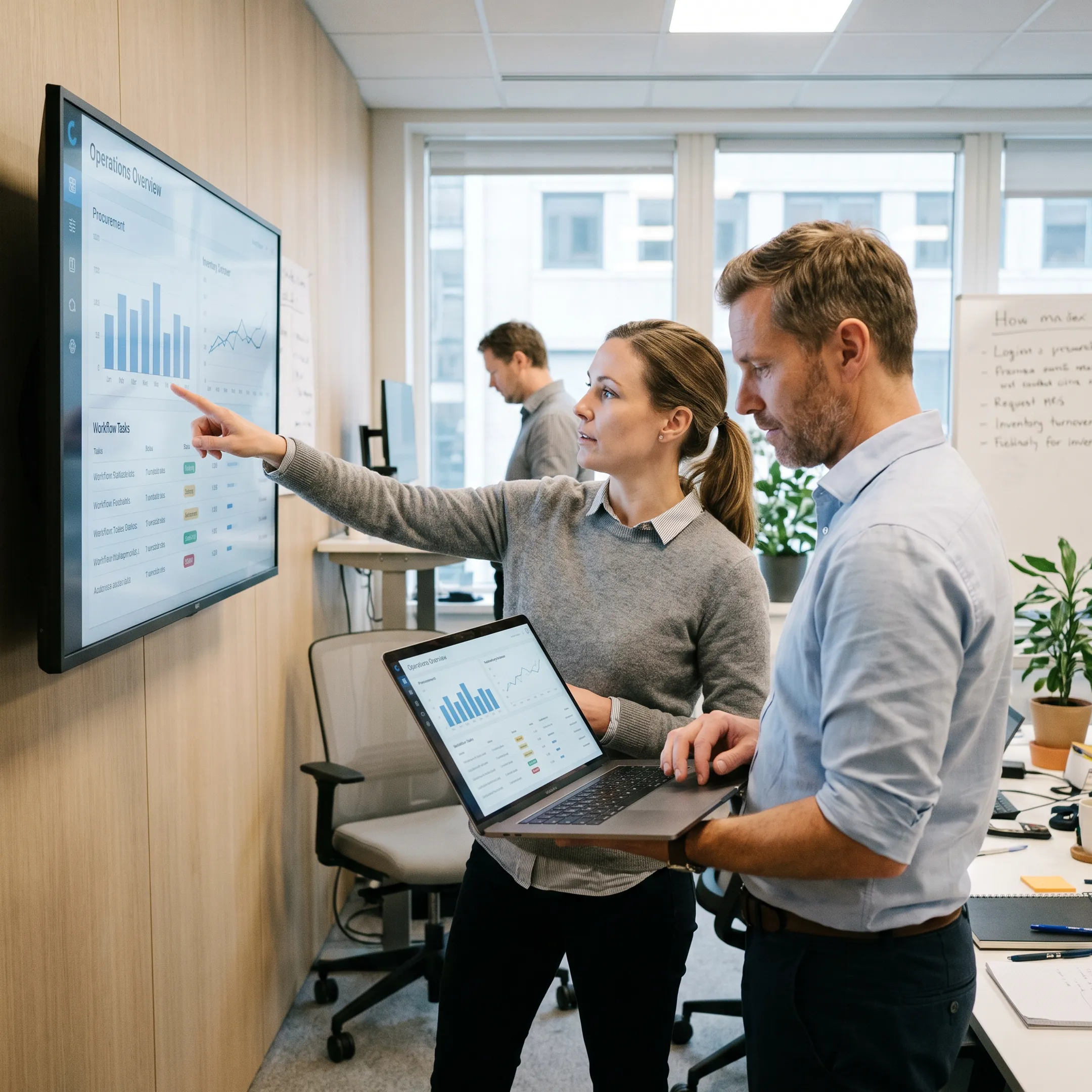 Waste management team reviewing ERP dashboard