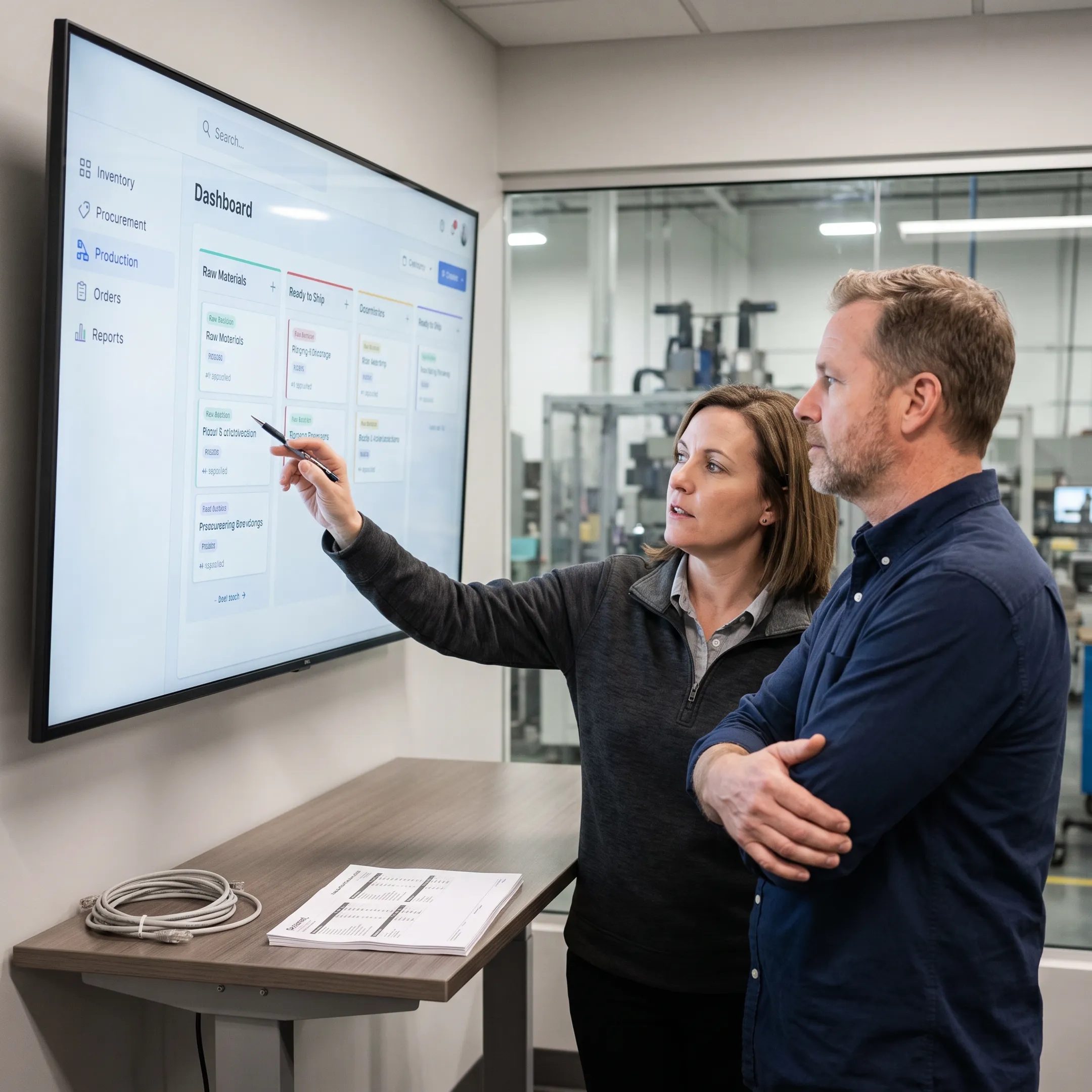 Manufacturing team reviewing integrated software workflows